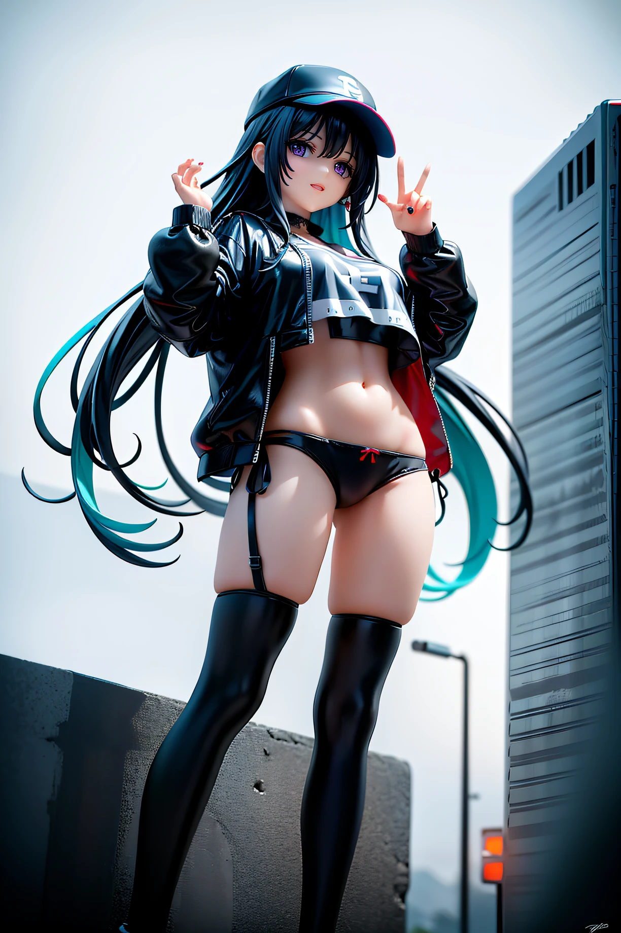 A Retro anime art of a Goddess with long dark blue hair with a black cap on head wearing a black streetwear stand in a front of a outdoor, tokyo cyberpunk, Neo-'80s, 1980s vibes, aesthetic, expressive face, beatiful blue eyes, trending on Pinterest, 4k, masterpiece, insanely intricate and detailed, colored, vivid colors, fine lines, illustration, wonderful background, vaporware, rainbow mountain on background, peace sign