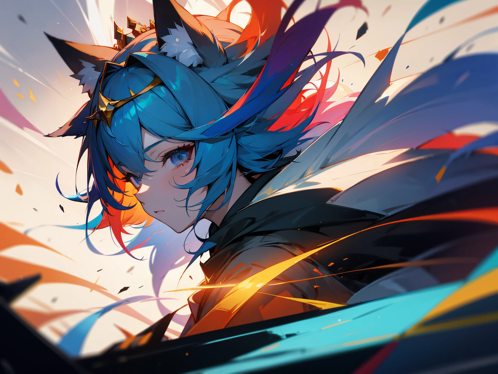 colored inner hair, multicolored hair, tiara, blank eyes, fox ears, Action painting, Cinematic lighting, High details, best quality, 16k, Hard disk