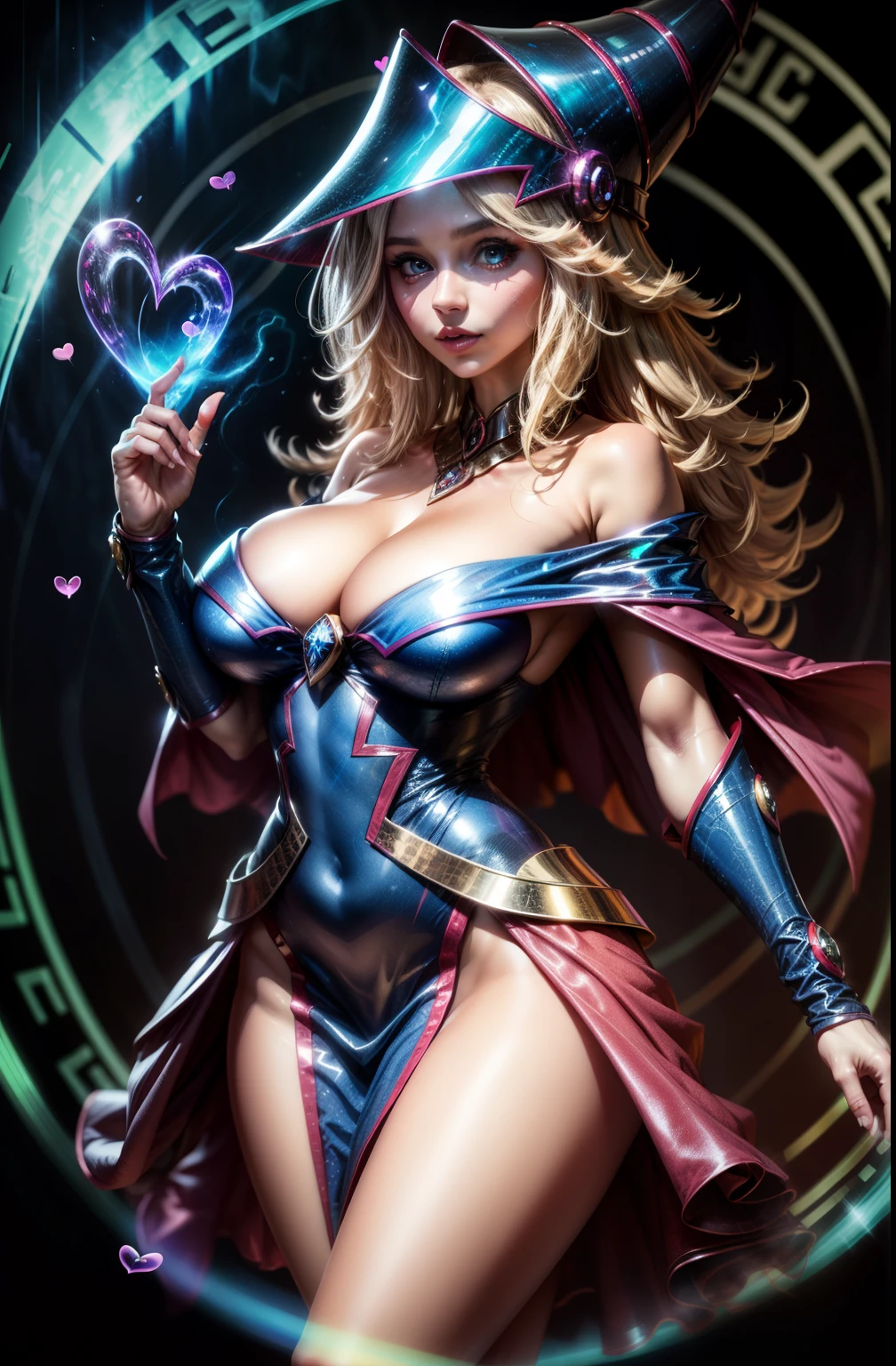 Dark Wizard Gils Translucent In Dress. Sujestiva y posando sexy. Background of hearts and magic in circles......