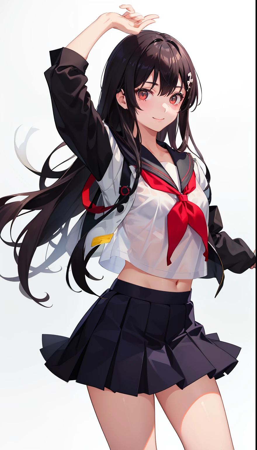 1girl in、a smile、The shirt、skirt by the、Light in the eyes、(small tits)Chilarism、Japan High School Student Uniform、serafuku、summer clothing、Squall-soaked uniform、Sheer bra、(Portrait from the knee up)、