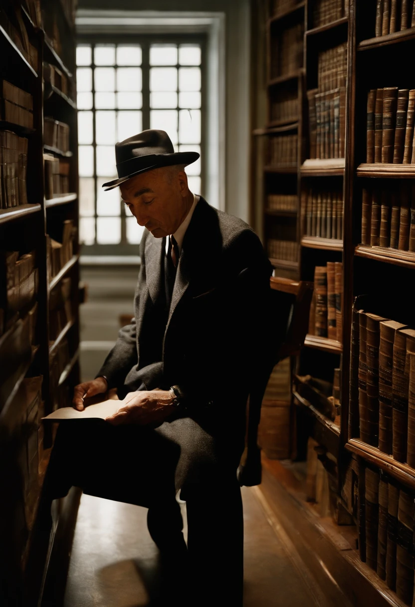 A photo of Oppenheimer browsing through a collection of ancient philosophical texts in a dimly lit library.,World War II,J. Robert Oppenheimer was a slender, sharp-featured man, often seen with a cigarette in hand, which complemented his contemplative demeanor. He had deep-set eyes and a prominent nose, which, alongside his habitual wearing of a pork pie hat, gave him a distinctive silhouette., male