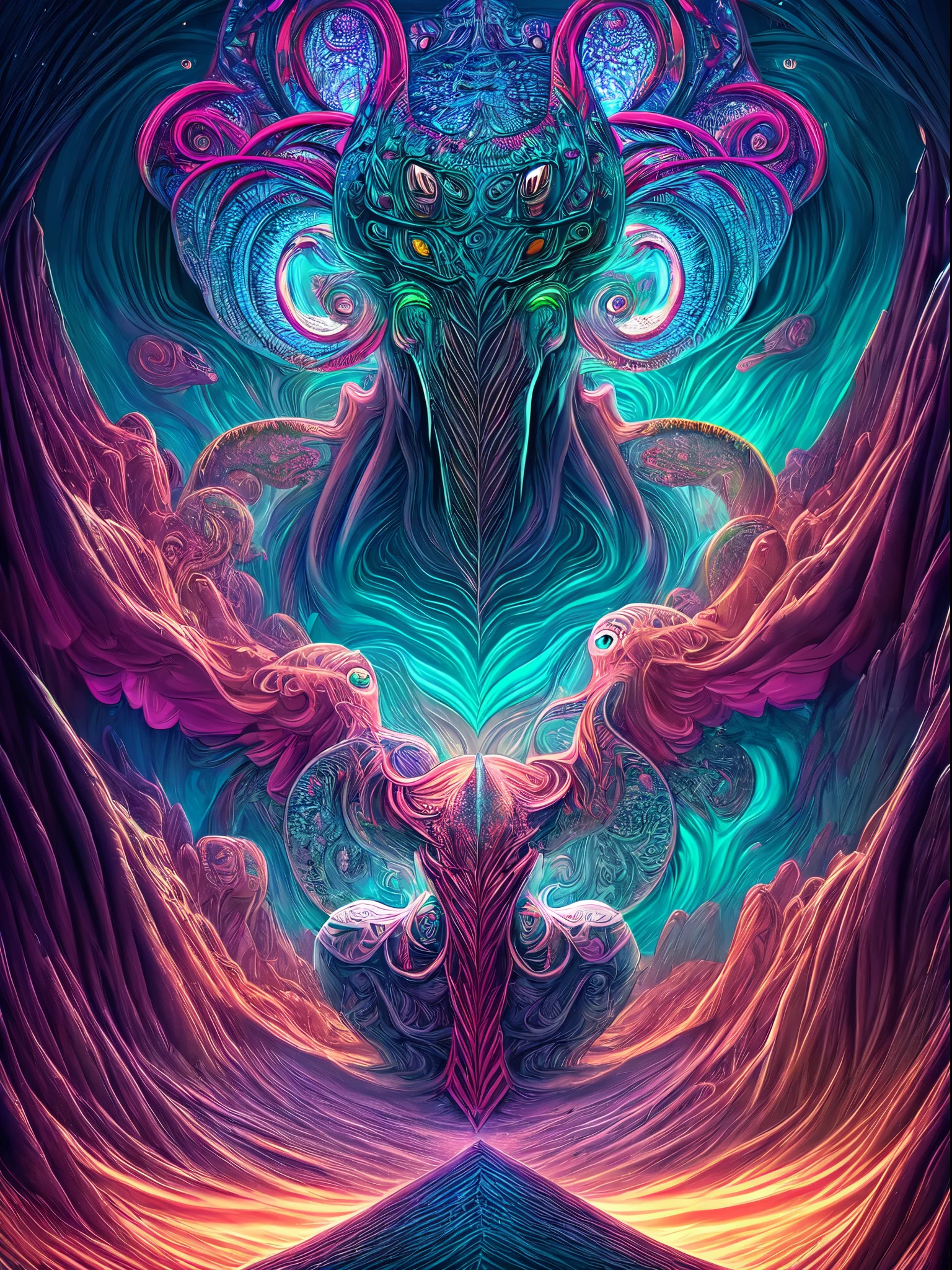 a sexy Cthulhu in center in a psychedelic and surreal spiral world, ultra-detailed, Ultra Sharp , with vibrant colors and lighting effects, creating a masterpiece with 8k and 4k resolution.sexy Cthulhu is depicted with intricate details, merging with the surroundings seamlessly. The artwork show cases sexy Cthulhu under the influence of LSD, where space and time lose their boundaries. The scene exudes a sense of otherworldly beauty and mystique, combining the ancient stargate Egyptian deity with a contemporary psychedelic aesthetic, creating a visually stunning and mind-altering experience. strong facial expressions"