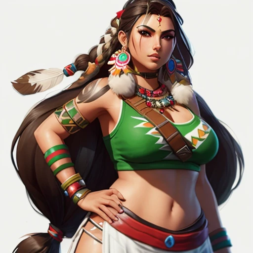 a woman in a green top and white skirt with a feather on her head, portrait of modern darna, stunning character art, north female warrior, akali, character artwork, senna from league of legends, north adult female warrior, video game character art, detailed character art, fighting game character, loba andrade from apex legends, rpg character art, official character art