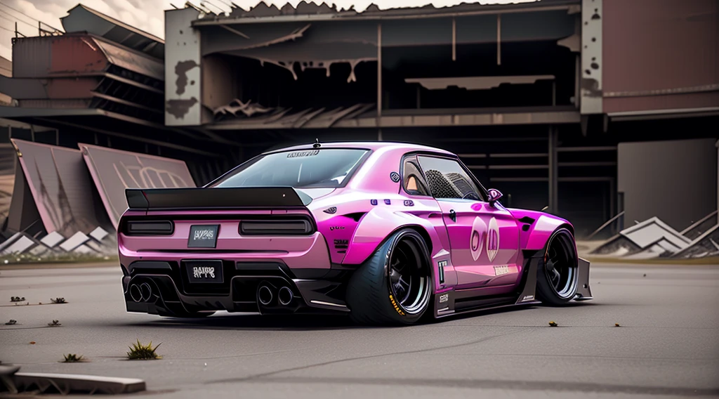 Supercar concept art((pink and black paintwork)), LB-Silhouette WORKS body kit, Forza horizon, gran Turismo aesthetic, trending on artstation, cgsociety, side angle shot, custom design build, cinematic composition, sd HDR studio light, sharp details, shipping yard background, crisp, accurate, meticulous, military grade, 3ds max, corona render, sharp, focus, menacing look, large rear spoiler, high performance enhanced exhaust system, ((liberty walk body kit)); photo realistic, insanely detailed, ray tracing, subsurface scattering 8k, ((parked in an abandoned warehouse, derelict and lifeless space)), directional lighting, hazy and atmospheric, ominous, stealth built, highly detailed racing interior, sleek