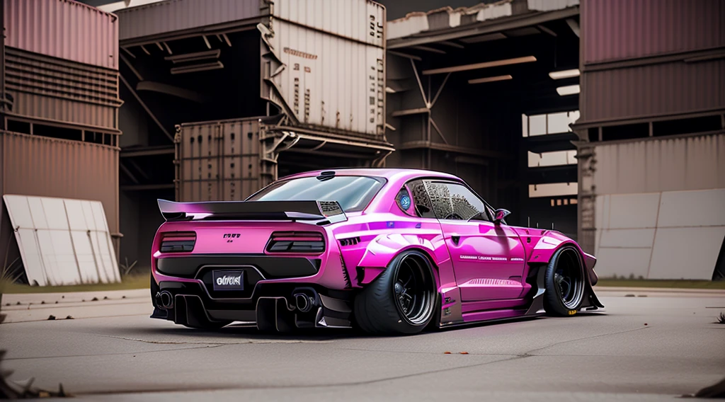 Supercar concept art((pink and black paintwork)), LB-Silhouette WORKS body kit, Forza horizon, gran Turismo aesthetic, trending on artstation, cgsociety, side angle shot, custom design build, cinematic composition, sd HDR studio light, sharp details, shipping yard background, crisp, accurate, meticulous, military grade, 3ds max, corona render, sharp, focus, menacing look, large rear spoiler, high performance enhanced exhaust system, ((liberty walk body kit)); photo realistic, insanely detailed, ray tracing, subsurface scattering 8k, ((parked in an abandoned warehouse, derelict and lifeless space)), directional lighting, hazy and atmospheric, ominous, stealth built, highly detailed racing interior, sleek
