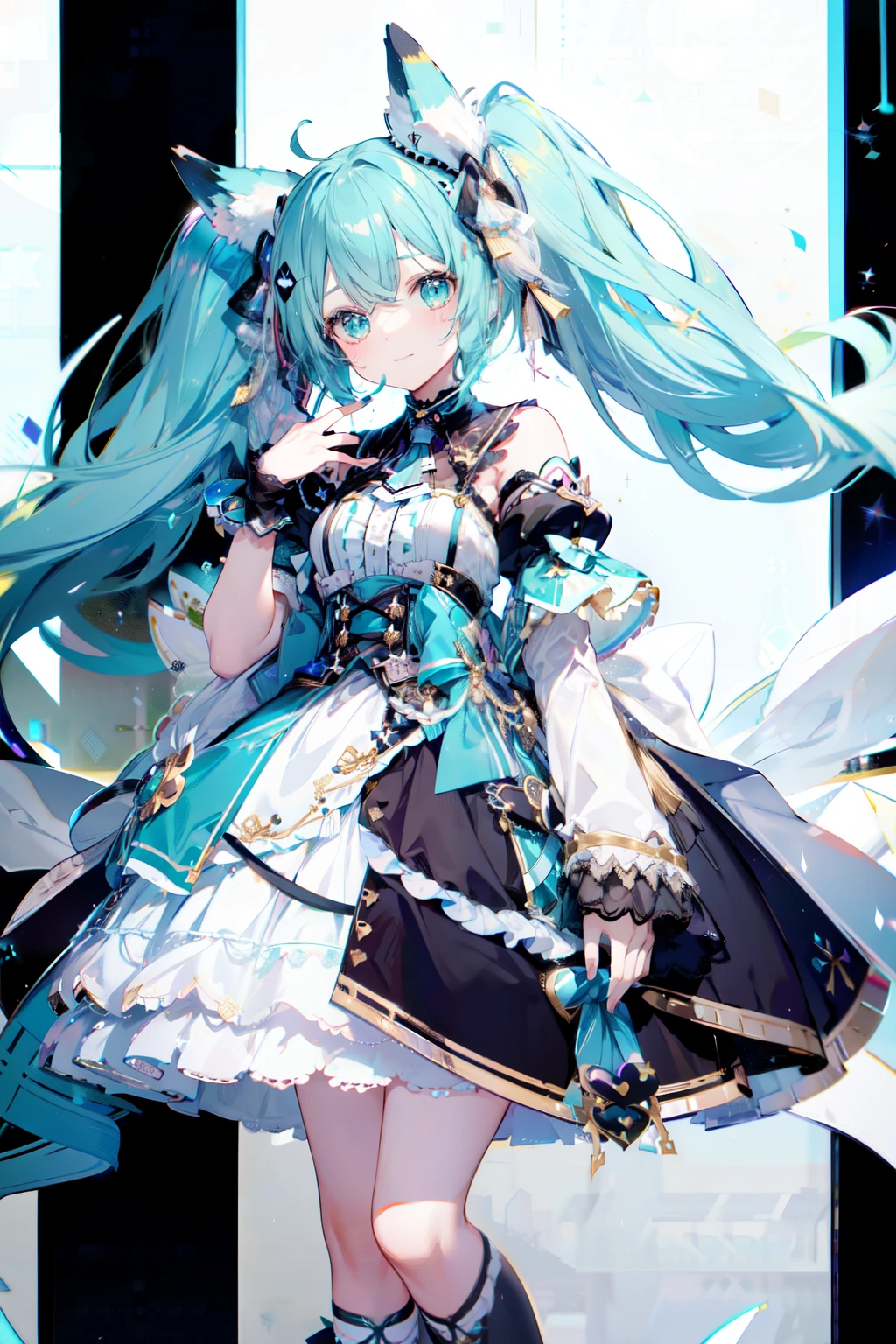 miku hatsune, white background, Cute, pastels, love, sings, fingerless gloves, decora, ribbons, top-quality, Masterpiece, wearing black top hat, vocaloid, pixiv, pixiv contest winner, trending on artstation pixiv, hatsune miku, digital art on pixiv, anime girl with teal hair, pixiv style, japanese idol outfit in black, filled with ribbon, fox ears, zerochan art, top rated on pixiv, full body, smile, wink,
