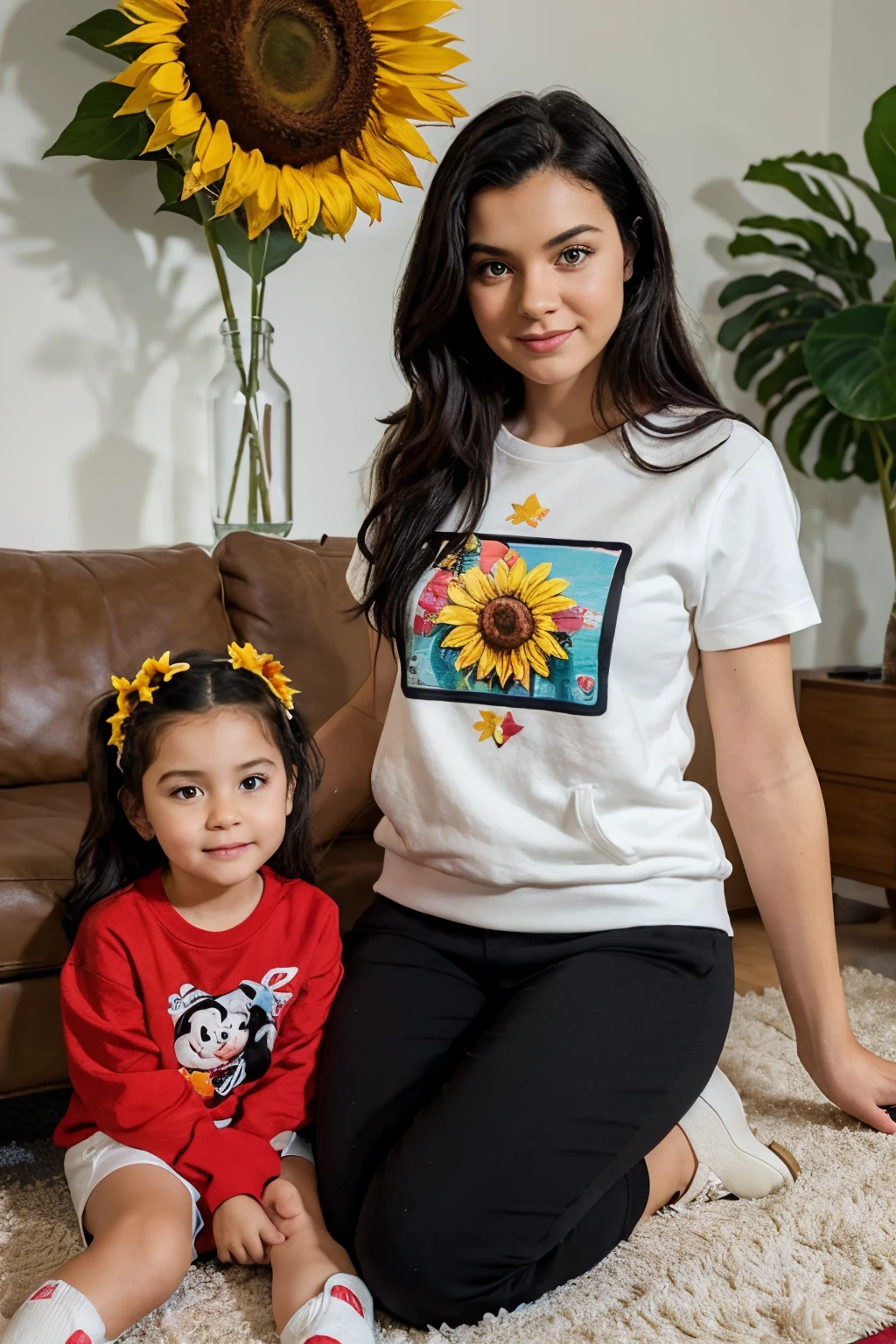 Create an adult nanny in the style of Disney pix in the age group forty-two, black hair, T-shirt and sweatshirt outfit with children's prints, sunflower accessories, sitting in a child's room