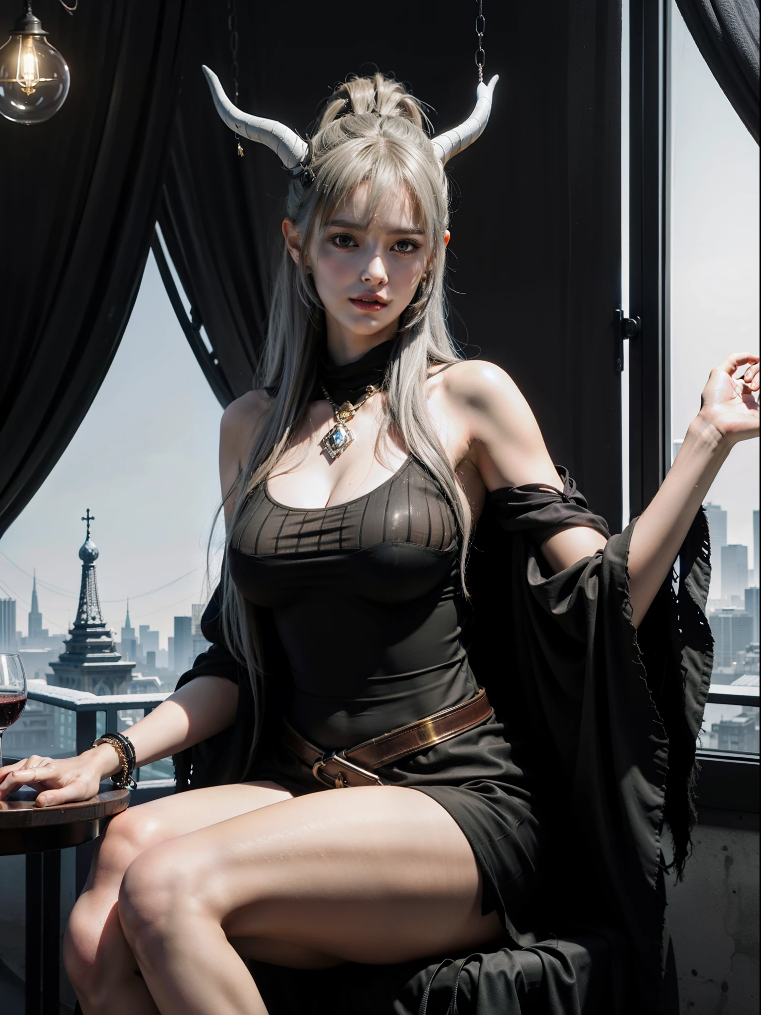 （tmasterpiece，top-quality，Best quality at best，offcial art，Beauty and aesthetics：1.2），（1 busty girl：1.3），Long gray hair，white color hair，horn，The content is very detailed，sporty attire，looking at viewert，独奏，（Full body lesbian：0.6），detailedbackground，Close-up cleavage，glowing light eyes，（"cold arctic winter" The subject：1.1），A fortune teller man，quackery，Perverted giggle，mistic，Sit at the table，Colorful Off Shoulder Loose Gypsy Fortune Teller Clothes，holy grail， tarot cards， crystal sphere， medieval times （interior of tent：1.1） Background with， Tent curtains in the background， Dark and mysterious lights， cellshading， magical ambiance， star night，， holland angle，Happy sheep，shiny head，cover-up，Mature looks，Beautiful royal sister