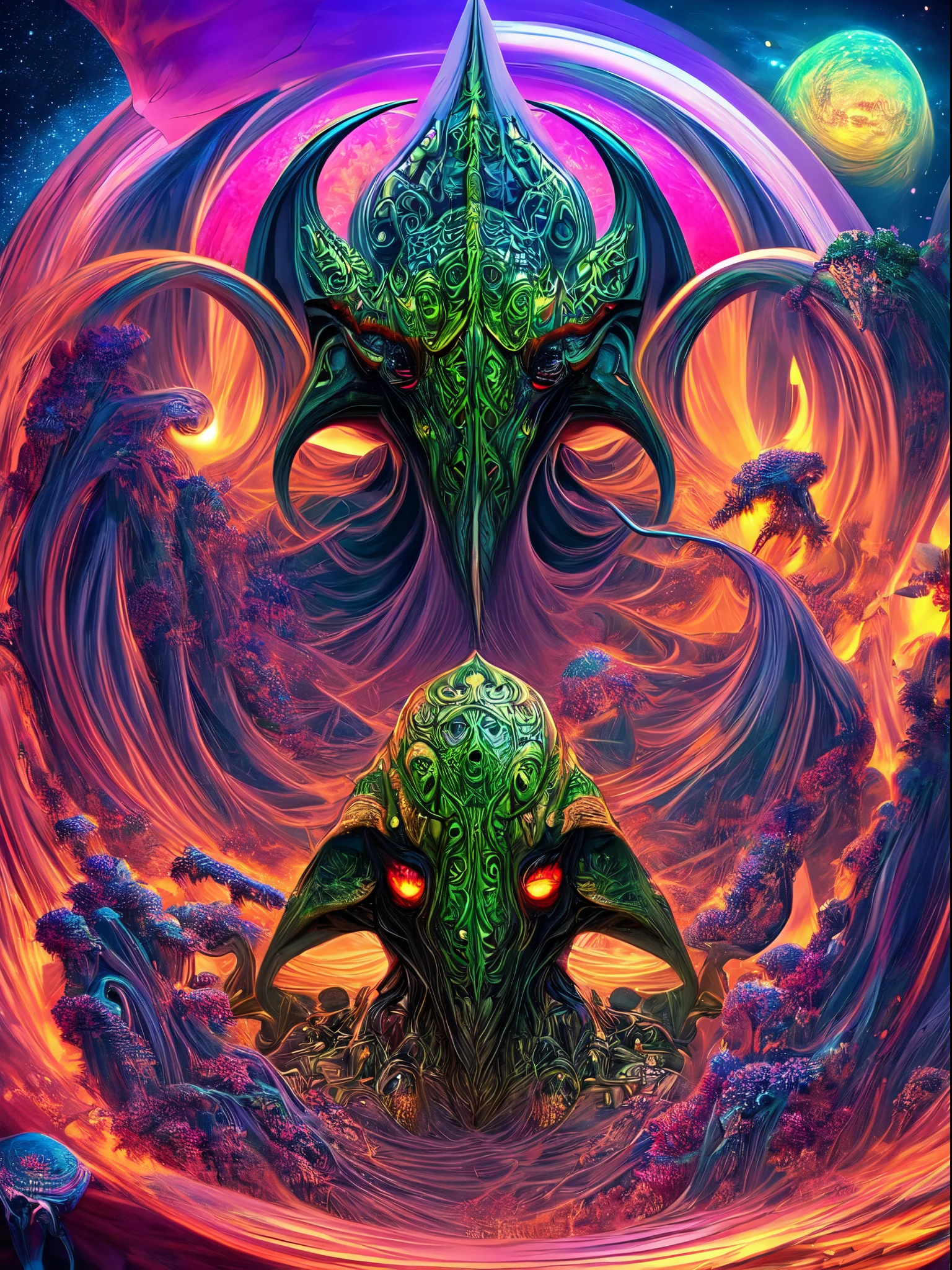 a sexy Cthulhu in center in a psychedelic and surreal spiral world, ultra-detailed, Ultra Sharp , with vibrant colors and lighting effects, creating a masterpiece with 8k and 4k resolution.sexy Cthulhu is depicted with intricate details, merging with the surroundings seamlessly. The artwork show cases sexy Cthulhu under the influence of LSD, where space and time lose their boundaries. The scene exudes a sense of otherworldly beauty and mystique, combining the ancient stargate Egyptian deity with a contemporary psychedelic aesthetic, creating a visually stunning and mind-altering experience. strong facial expressions"