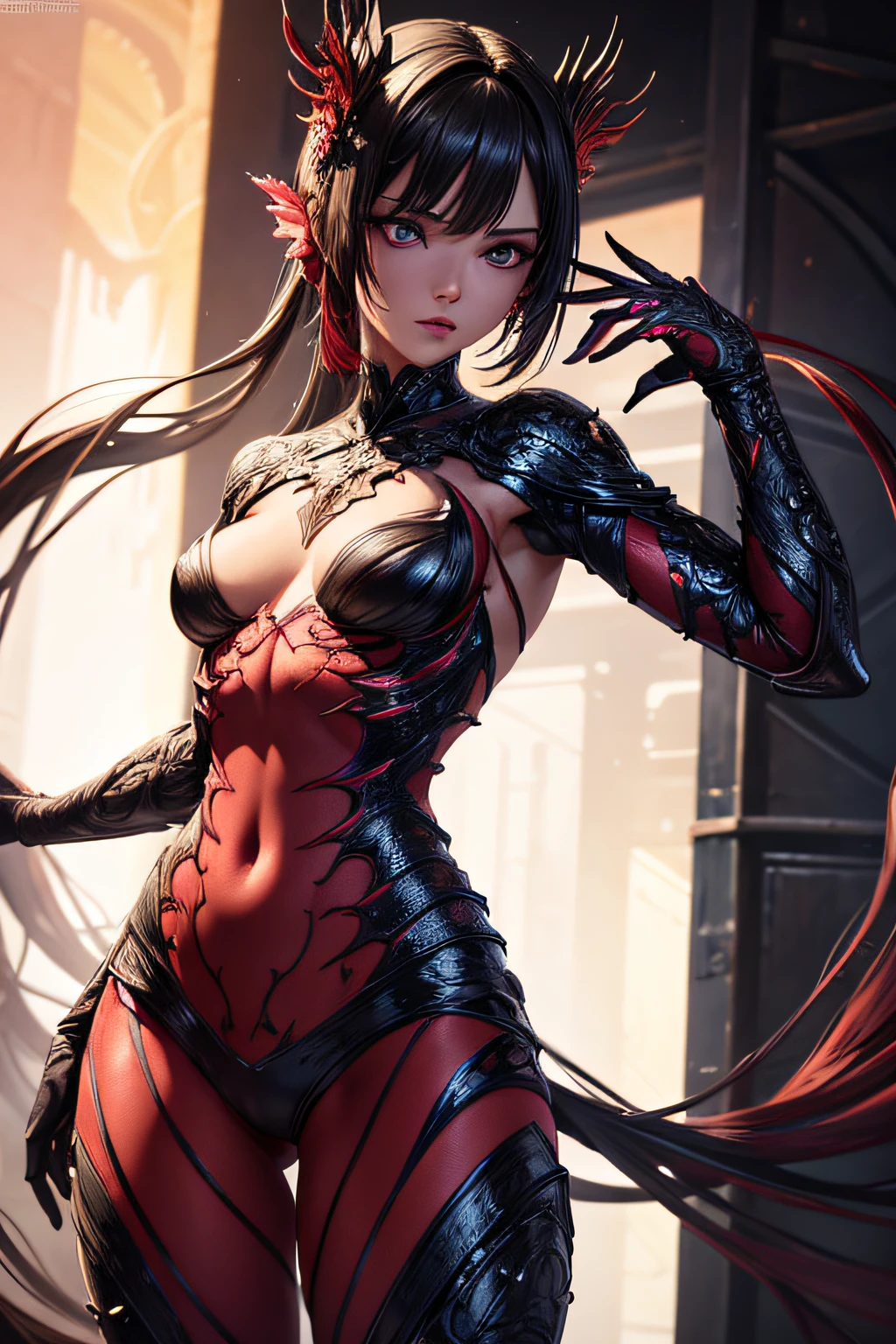 girl Carnage, symbiont attached, sexi, revealing, combat stance, highly detailed, vibrant appearance, creative behavior, extremly detailed, imaginative, sensual, spontaneous, small breasts, sexi, revealing, highest quality, skin texture, intricate details, (cinematic lighting), RAW photo, 8k, masterpiece,best quality,ultra-detailed,very detailed illustrations,extremely detailed,intricate details,highres,super complex details,extremely detailed 8k cg wallpaper,