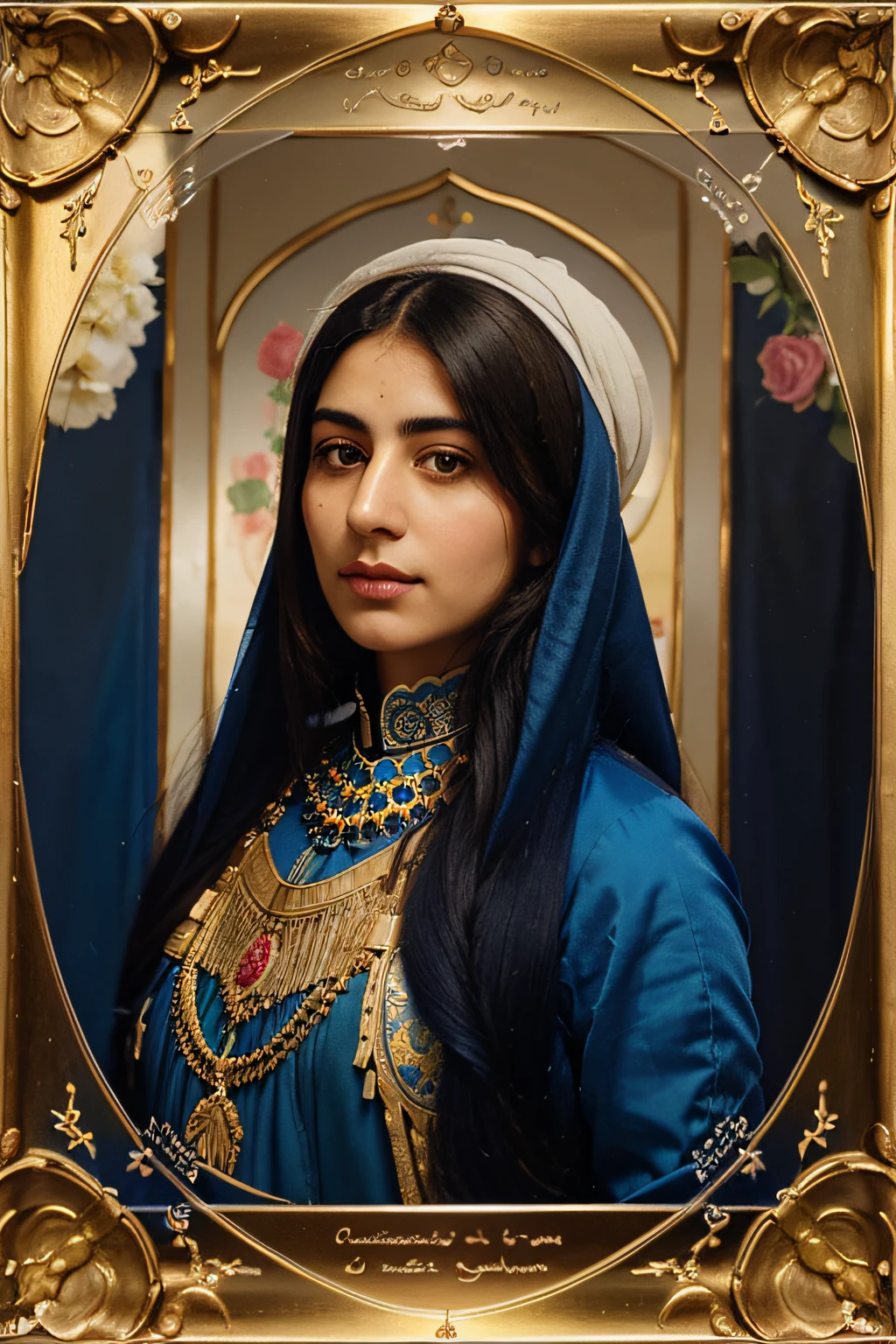 Bust portrait of Persian Qajar period woman , in traditional blue and yellow clothes , background contains painting of nightingale among rose and peony flowers, floral frame , ((perfect rectangular frame))