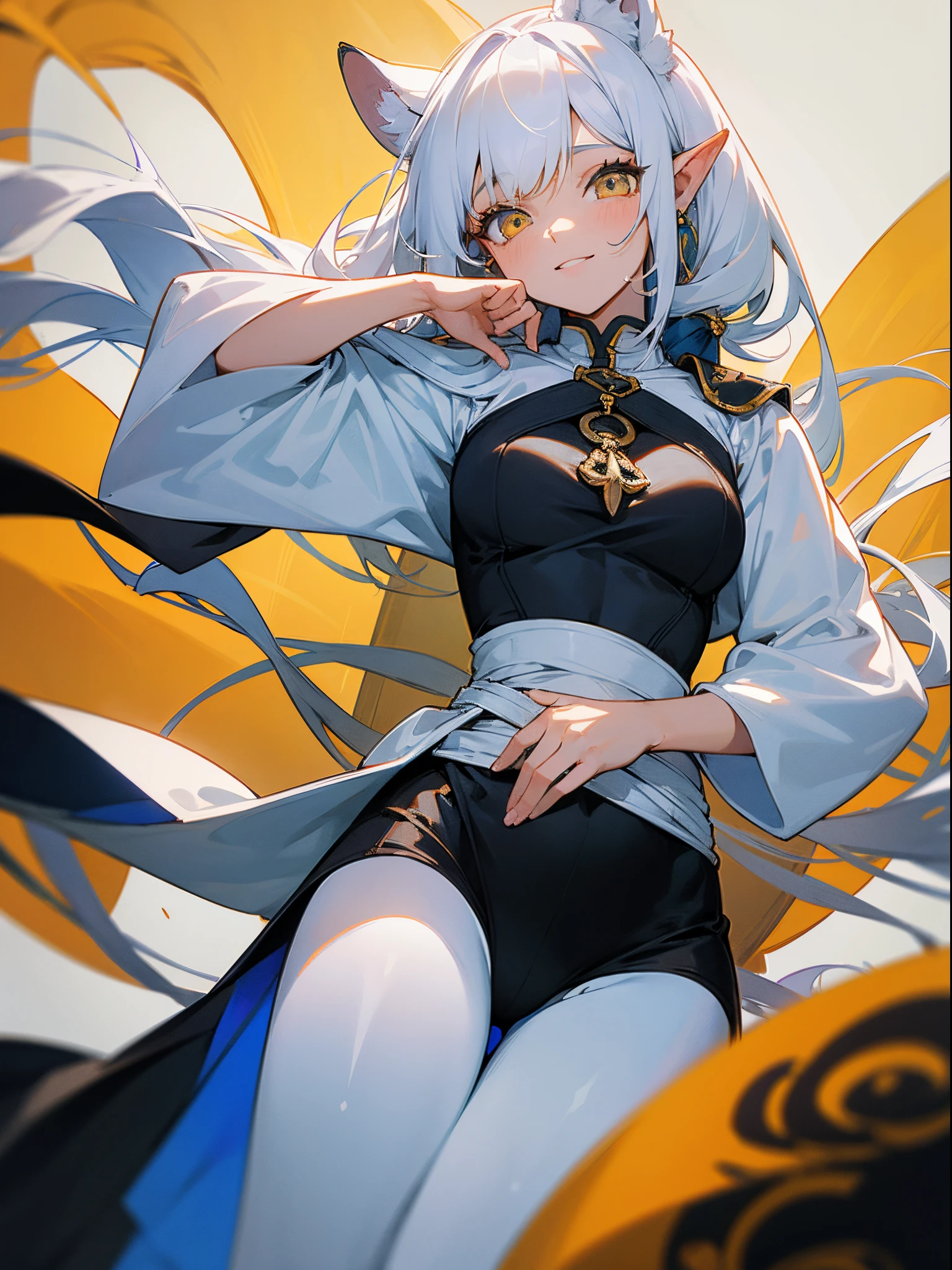 20yo girl, orejas de elfo, alas de hada, piel blanca, cabello largo negro, top blanco semi trasparente, senos medianos definidos, Athletic slim body, falda corta color negro, sonriendo, amber eyes, hands behind the waist, 4k
