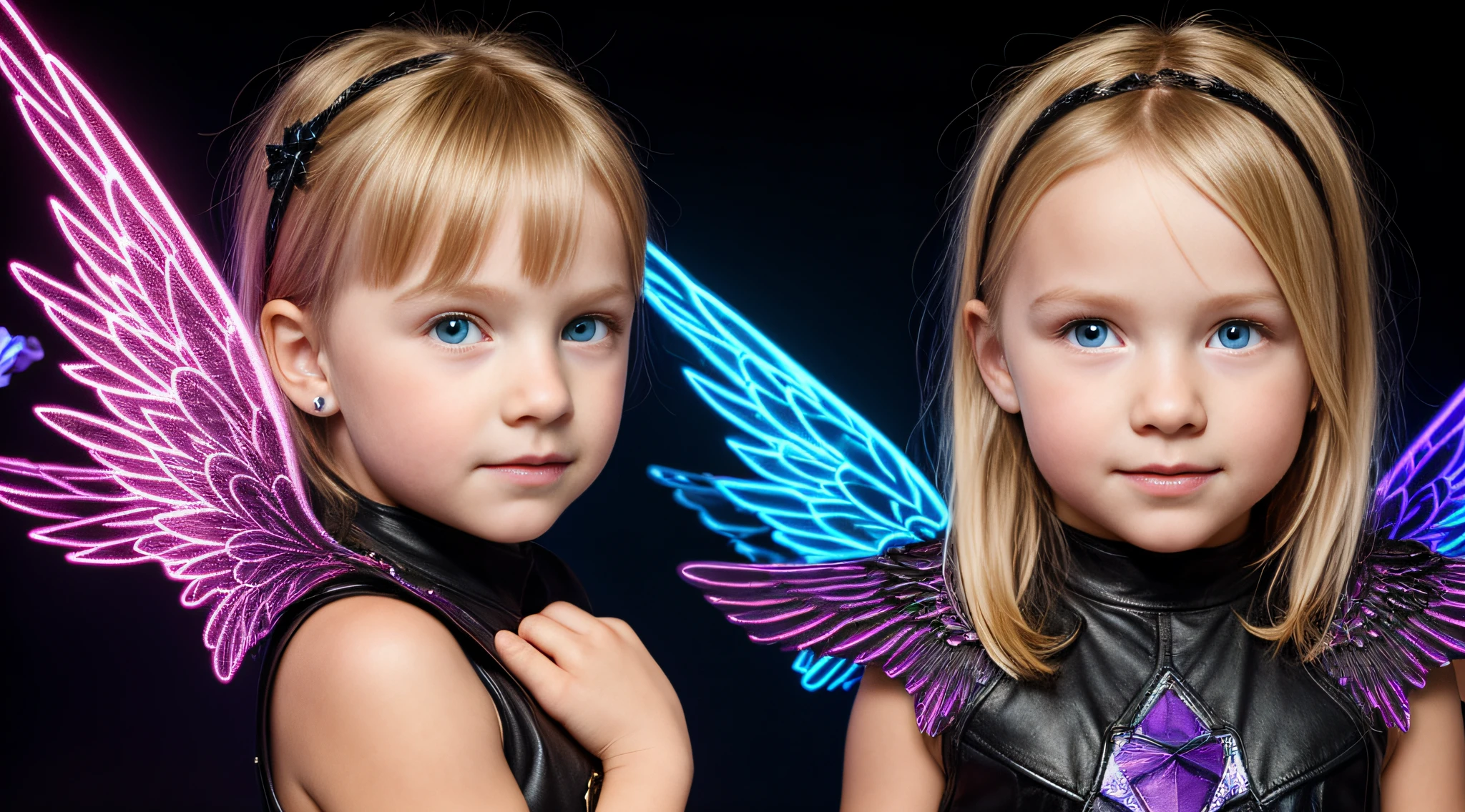 a blonde girl, com asas em um fundo roxo, Asas pretas ligeiramente queimadas, Asas Negras, lasers azuis, fundo preto.