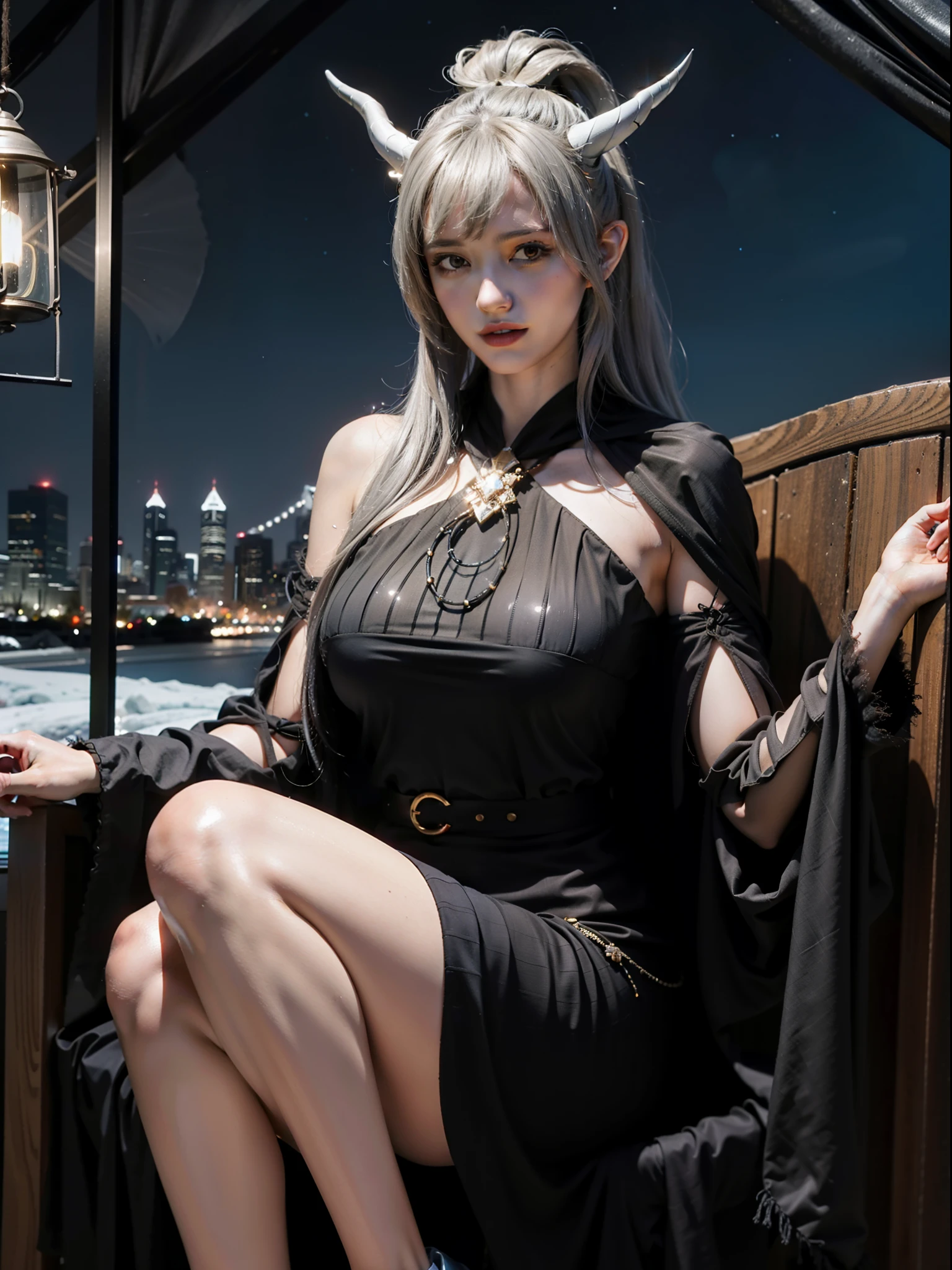 （tmasterpiece，top-quality，Best quality at best，offcial art，Beauty and aesthetics：1.2），（1 busty girl：1.3），Long gray hair，white color hair，horn，The content is very detailed，sporty attire，looking at viewert，独奏，（Full body lesbian：0.6），detailedbackground，Close-up cleavage，glowing light eyes，（"cold arctic winter" The subject：1.1），A fortune teller man，quackery，Perverted giggle，mistic，Sit at the table，Colorful Off Shoulder Loose Gypsy Fortune Teller Clothes，holy grail， tarot cards， crystal sphere， medieval times （interior of tent：1.1） Background with， Tent curtains in the background， Dark and mysterious lights， cellshading， magical ambiance， star night，， holland angle，Happy sheep，shiny head，cover-up，Mature looks，Beautiful royal sister