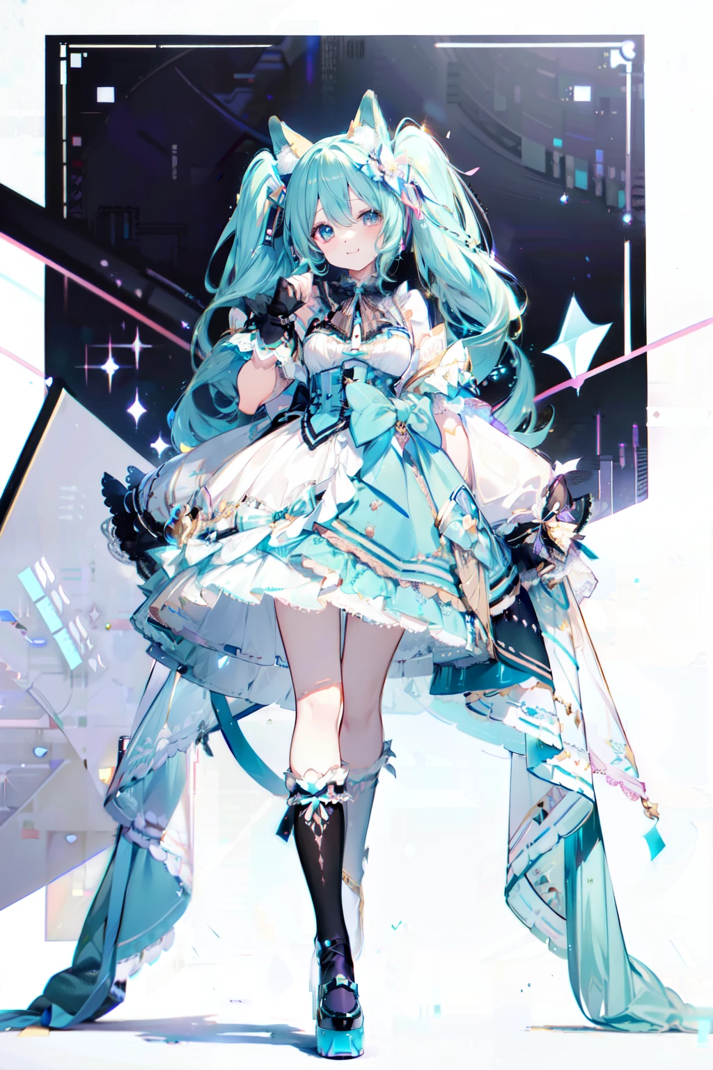 miku hatsune, white background, Cute, pastels, love, sings, fingerless gloves, decora, ribbons, top-quality, Masterpiece, wearing black top hat, vocaloid, pixiv, pixiv contest winner, trending on artstation pixiv, hatsune miku, digital art on pixiv, anime girl with long teal hair, long twintails, pixiv style, japanese idol outfit in black, filled with ribbon, fox ears, zerochan art, top rated on pixiv, full body, smile, wink,