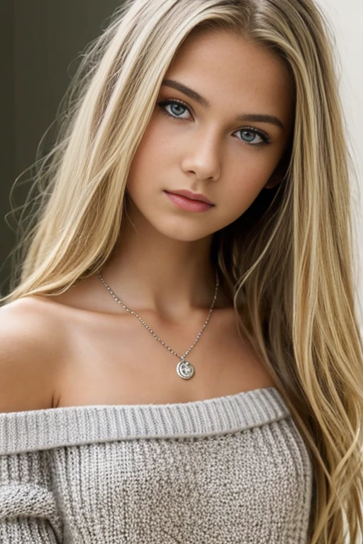 13 year old girl, alone, long hair, small breasts, looking at viewer, blonde hair, bare shoulders, gray eyes, jewelry, necklace, off the shoulder, sweater, lips, realistic, nose, flirting with camera