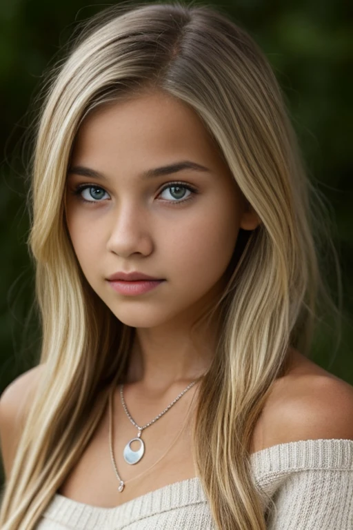 13 year old girl, alone, long hair, small breasts, looking at viewer, blonde hair, bare shoulders, gray eyes, jewelry, necklace, off the shoulder, sweater, lips, realistic, nose, flirting with camera