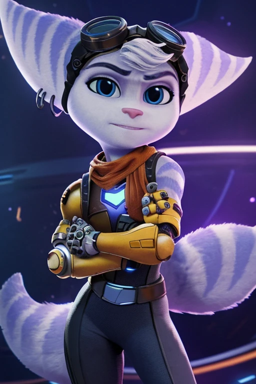 emale, (Detailed face), (solo:1.1), [(thin:1.1) : small petite : (rivet (ratchet and clank):1.2):4], black pants, back to the view, butt focus, tail, earrings, goggles on head, bangs, mechanical arm, crossing arms, standing, unreal engine 5