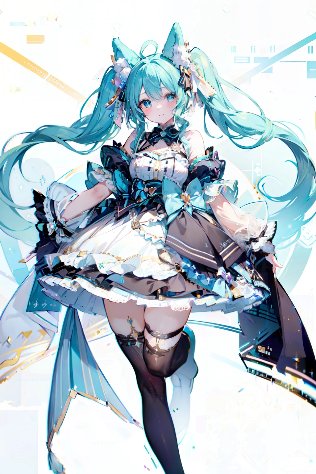 miku hatsune, white background, Cute, pastels, love, sings, fingerless gloves, decora, ribbons, top-quality, Masterpiece, wearing black top hat, vocaloid, pixiv, pixiv contest winner, trending on artstation pixiv, hatsune miku, digital art on pixiv, anime girl with long teal hair, long twintails, pixiv style, japanese idol outfit in black, filled with ribbon, fox ears, zerochan art, top rated on pixiv,  full body, smile, wink,