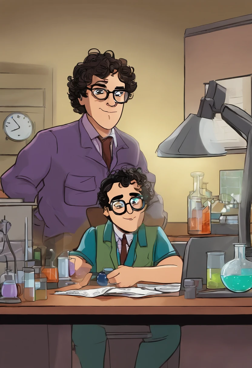 An image of Leonard sitting at his desk with a homemade science experiment set up in front of him, wearing safety goggles and holding a bubbling beaker.,The Big Bang Theory,Leonard is short with curly black hair and glasses, portrayed by Johnny Galecki, male