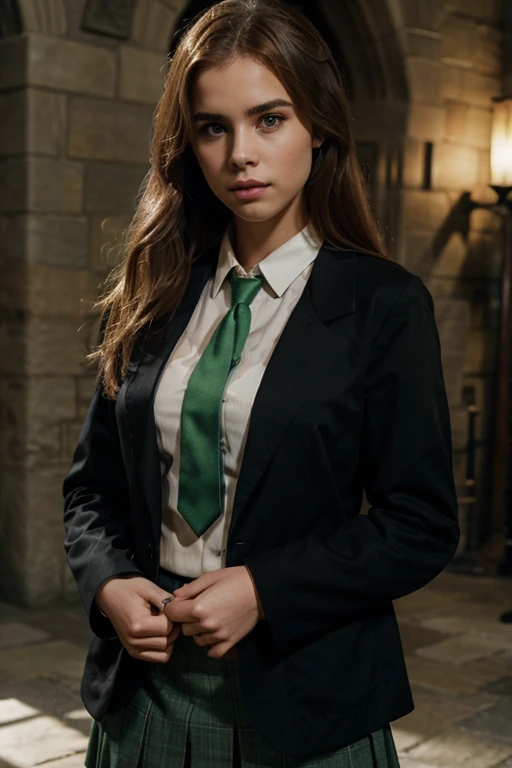 Bridget Satterlee in a white shirt, green tie, black jacket and black skirt, at Hogwarts