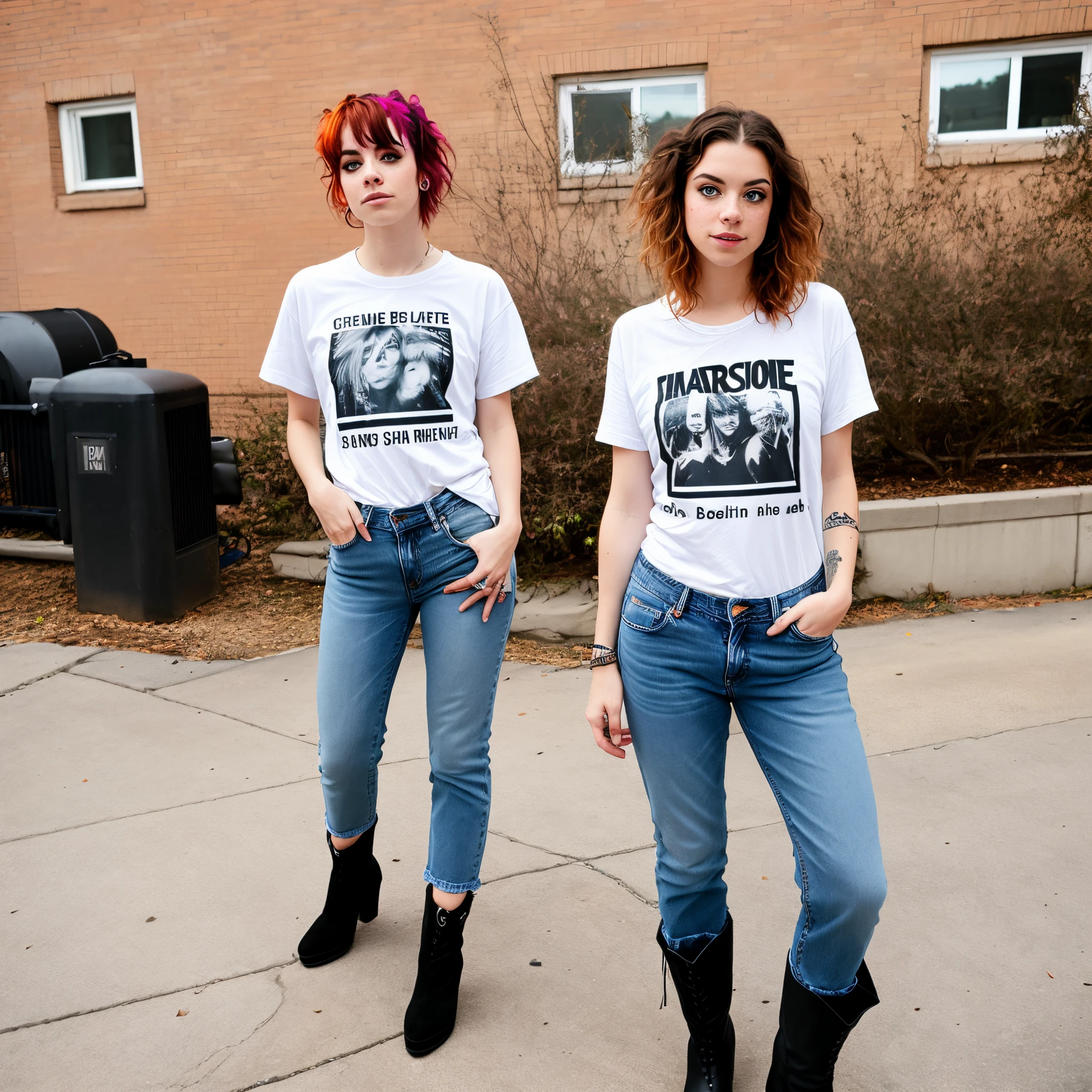 create a woman with medium length brunette messy hair, green eyes, and freckles who is wearing a paramore band t-shirt, loose jeans, and black boots.