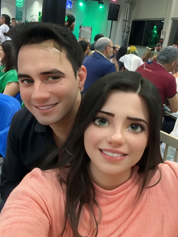 Casal olhos e cabelos castanhos em ambiente de festa com musica e comidas