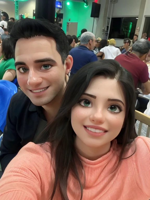 Casal olhos e cabelos castanhos em ambiente de festa com musica e comidas