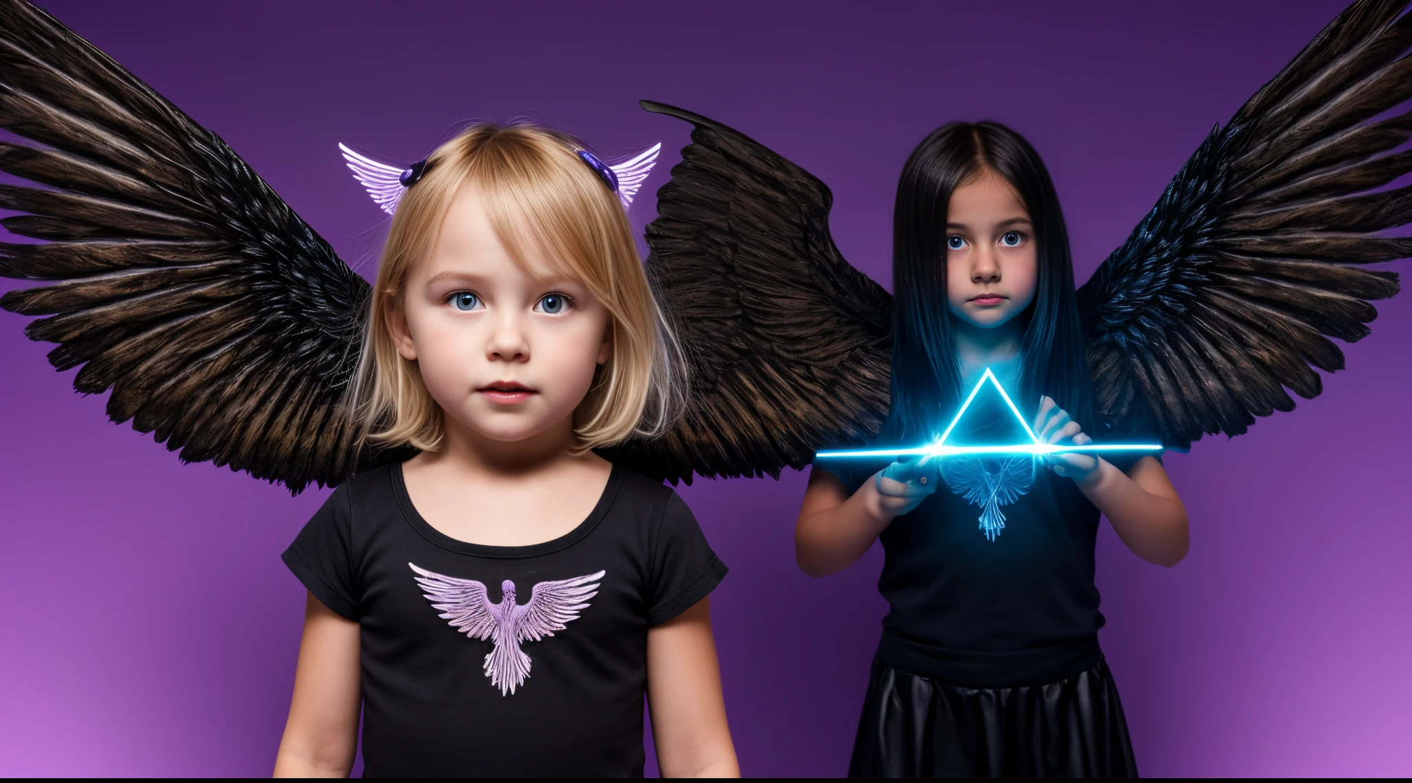 a blonde  girl, with wings on a purple background, slightly burnt black wings, Black Wings, blue lasers, black background.