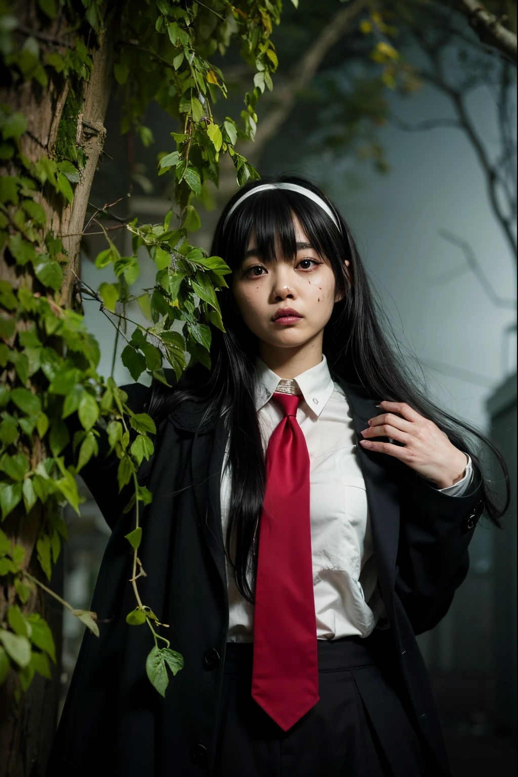 (Best quality, 8k, 32k, Masterpiece, UHD:1.2) "Generate a nightmarish and haunting art piece inspired by Junji Ito's 'Tomie,' featuring the horror character with all of her hair flowing upward in a supernatural and unsettling manner. Depict her with a terrifying, zombie-like face and bloodstains on her school uniform, creating a chilling atmosphere. Utilize dynamic lighting to intensify the horror, casting eerie shadows and highlights that enhance the macabre details of the scene. Emphasize the grotesque and nightmarish elements to capture the terrifying essence of Junji Ito's horror aesthetic." the lake reflection is Evil, Monstrous, other-wordily, cursed, scary, horror, two faces