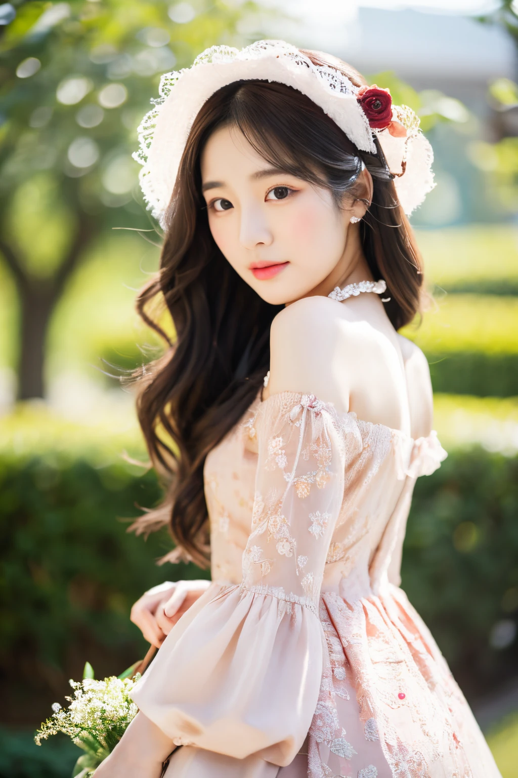 8k,Realistic,Realistic,intricate details, Perfect details, award-winning photography, gaze transparente, Texture douce au toucher, style lolita, photo mi-longueur,fermer,Une jeune fille,yeux innocents,Perfect facial details, VISAGE ROUGE, coiffure ondulée fluide,cheveux vert clair, Neckline dress ,Met en valeur sa silhouette élancée,manches à volants, Bow-tied ribbon belt,surrounded by flowery cushions, Double French doors lead to a balcony overlooking the garden, Arrangement de thé en peluche sur table ronde,Ray-traced lighting for enhanced detail and realistic textures, Ambiance cinéma en profondeur de champ, L'ensemble transmet une atmosphère fantastique et fantaisiste et une esthétique complexe de maison de poupée.,8k resolution,