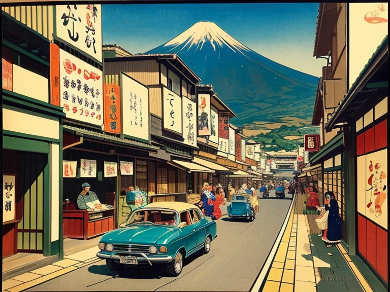 ((ukiyoe painting))、(Beautuful Women:1.5)、motor car、Kaigan Street、High waves、Mt fuji、Toyota、corolla、Motorcycles、