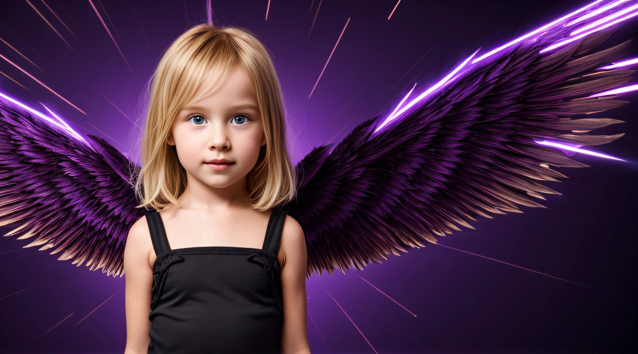 a blonde child girl, com asas em um fundo roxo, Asas pretas ligeiramente queimadas, Asas Negras, lasers azuis, fundo preto.