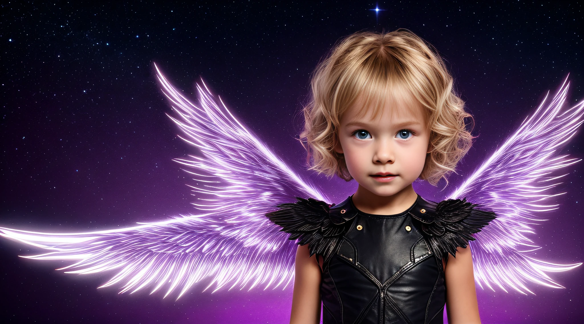 a blonde girl, com asas em um fundo roxo, Asas pretas ligeiramente queimadas, Asas Negras, lasers azuis, fundo preto.