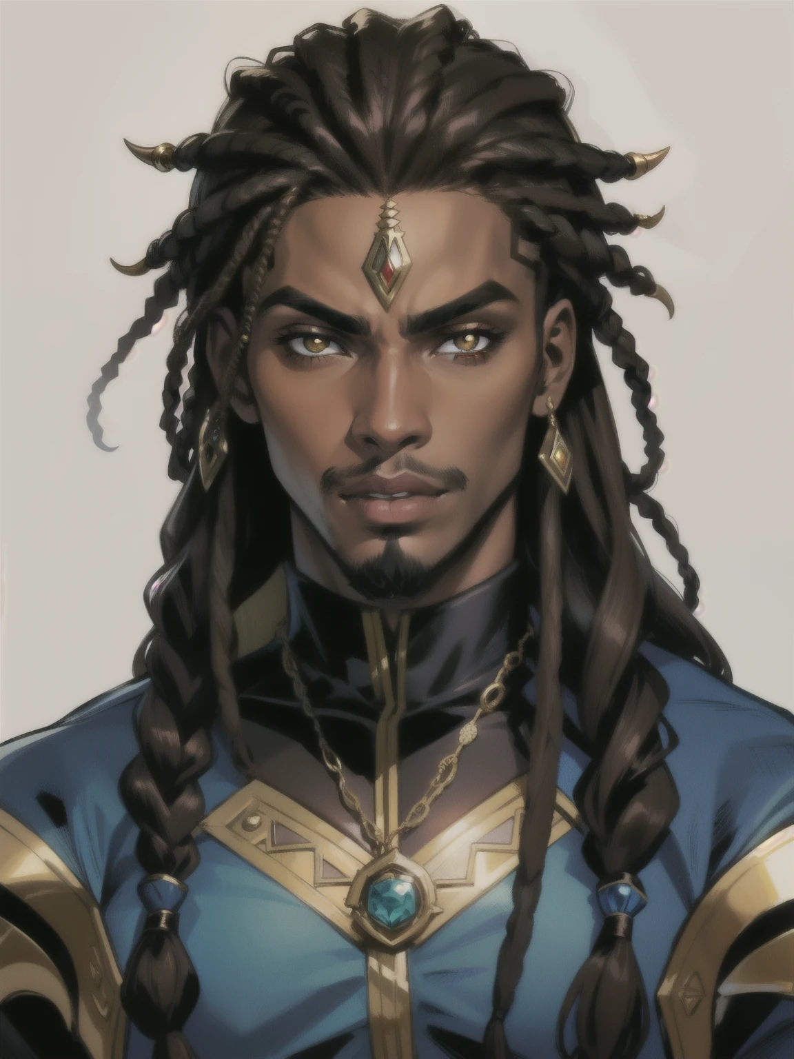retrato, master part, Excelente, 1st grade, sozinho, detalhes complexos, color diffusion, demonic prince, pele escura, ebony-esque, Brown skin, homem de pele escura, Cabelos escuros, cabelos pretos, dreadlocks, olhos dourados, Epic costume, Mago Assassino atrai, encapuzado, capa, Camuflada, Badass, trending, Demon, Antihero, jovem, scientific fiction, fantasia