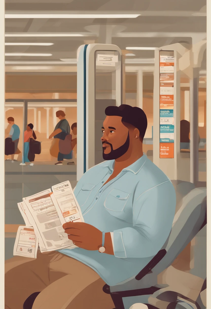 A photo of airport dad sitting at the gate with his family's boarding passes spread out in front of him,original,Airport dad dresses like a typical dad. Slightly overweight, He wears shirts tucked into shorts with a belt. High white socks with New Balance sneakers. , male