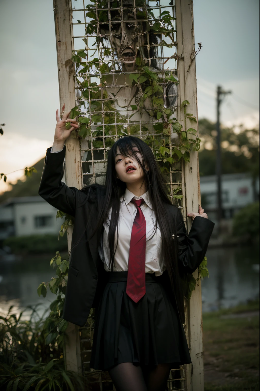 (Best quality, 8k, 32k, Masterpiece, UHD:1.2) "Generate a nightmarish and haunting art piece inspired by Junji Ito's 'Tomie,' featuring the horror character with all of her hair flowing upward in a supernatural and unsettling manner. Depict her with a terrifying, zombie-like face and bloodstains on her school uniform, creating a chilling atmosphere. Utilize dynamic lighting to intensify the horror, casting eerie shadows and highlights that enhance the macabre details of the scene. Emphasize the grotesque and nightmarish elements to capture the terrifying essence of Junji Ito's horror aesthetic." the lake reflection is Evil, Monstrous, other-wordily, cursed, scary, horror, two faces