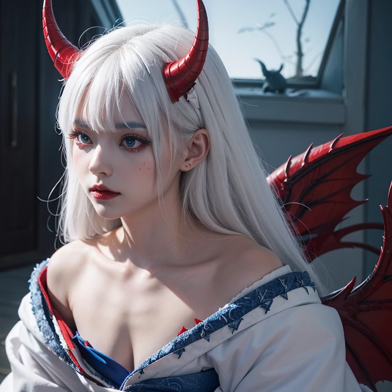 White hair, white eyes, blue kimono, small red and blue demon horns, scales on the body and a demon tail with red bat wings(royal style)