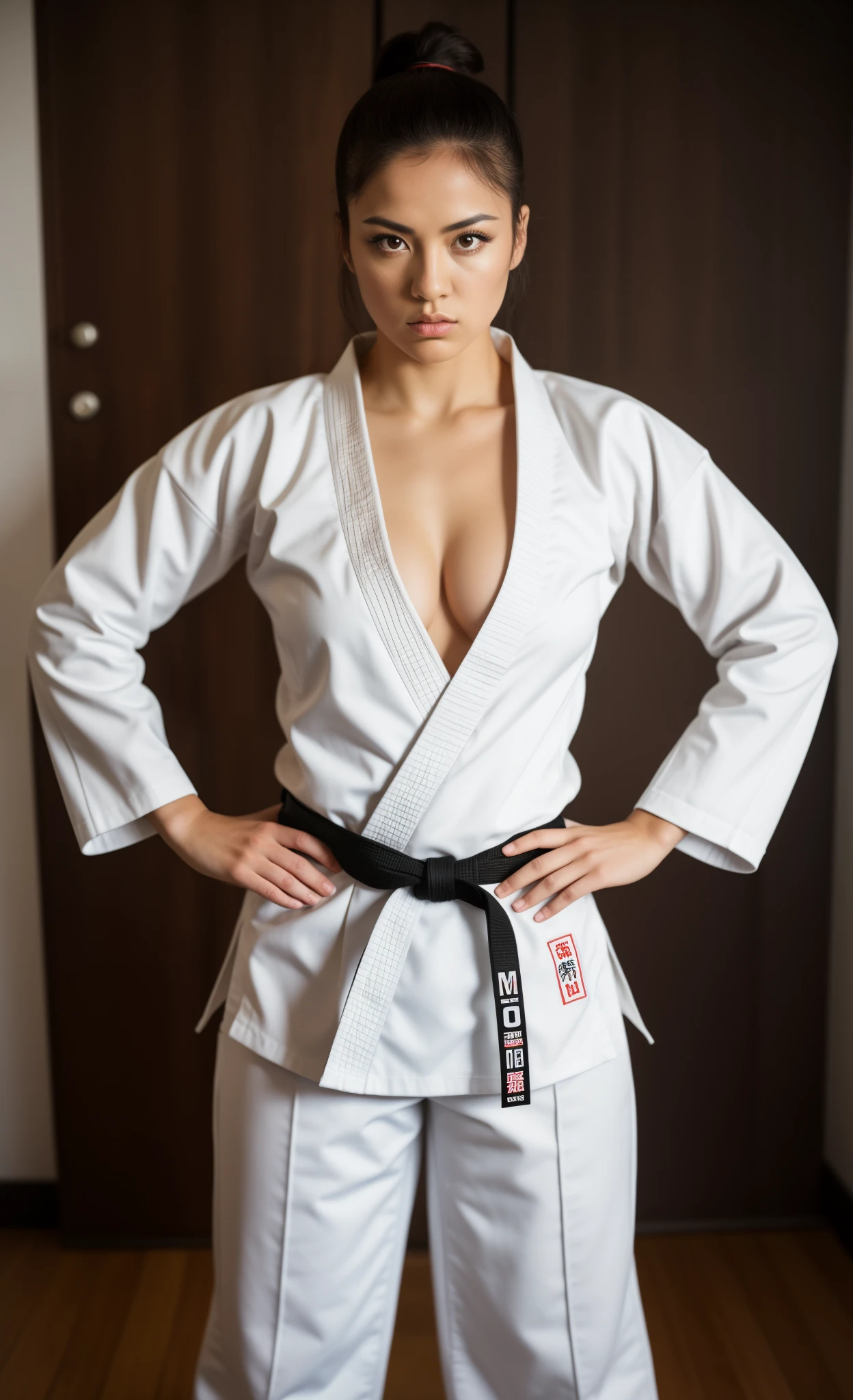 there is a woman in a karate outfit posing for a picture, in a fighting pose, fighting stance, karate pose, confident action pose, fighting pose, in a fighting stance, fighter pose, martial art pose, fighting posture, doing martial arts, wearing a white gi, she is ready to fight, fight pose, in an action pose, posing ready for a fight