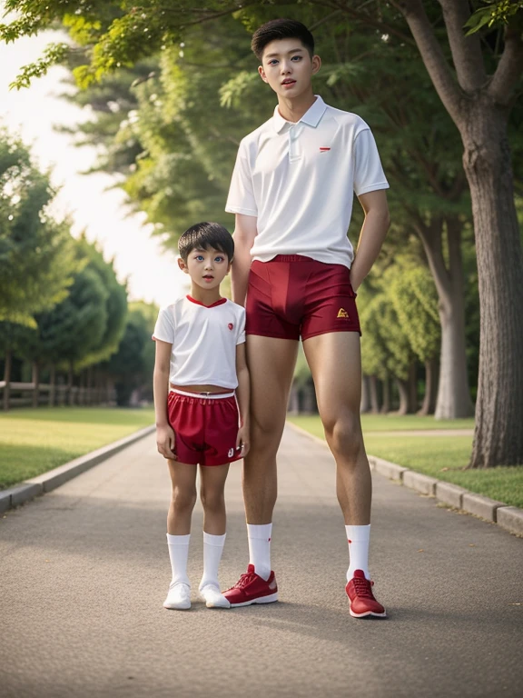  teenagers , very young , light-skin , wearing an dark red sexy underwear, tmasterpiece，k hd，the feet，Transparent sports vest，semi transparent，black long socks，The barefoot , red colour , handsome and cute , extreme cute boy , white skin , dark red underwear boxers shorts , extremely tall and cute boy ,oppa model , handsome model , full body , dark red boxers underwears short shorts , black socks , white light-skin , Chinese model , young boy , white skin , handsome and extremely cute , red boxers underwear shorts , long black socks , handsome model , at the park , jogging , model oppa , long legs , jogging , running , high knee black socks ,black  long socks , stand up , extremely tall , extremely high , red underwears , red sports underwear , long black socks , clean and white legs , Chinese model , extremely long legs , looking at the camera , clean and white thigh , huge bulge , kid face , b , wearing red underwears boxers , light and white skin , red undies , two different height boy , height gap , out grown , towering boy and dwarfism boy , growth spurt , towering boy , very very very tall boy beside very very very short boy
