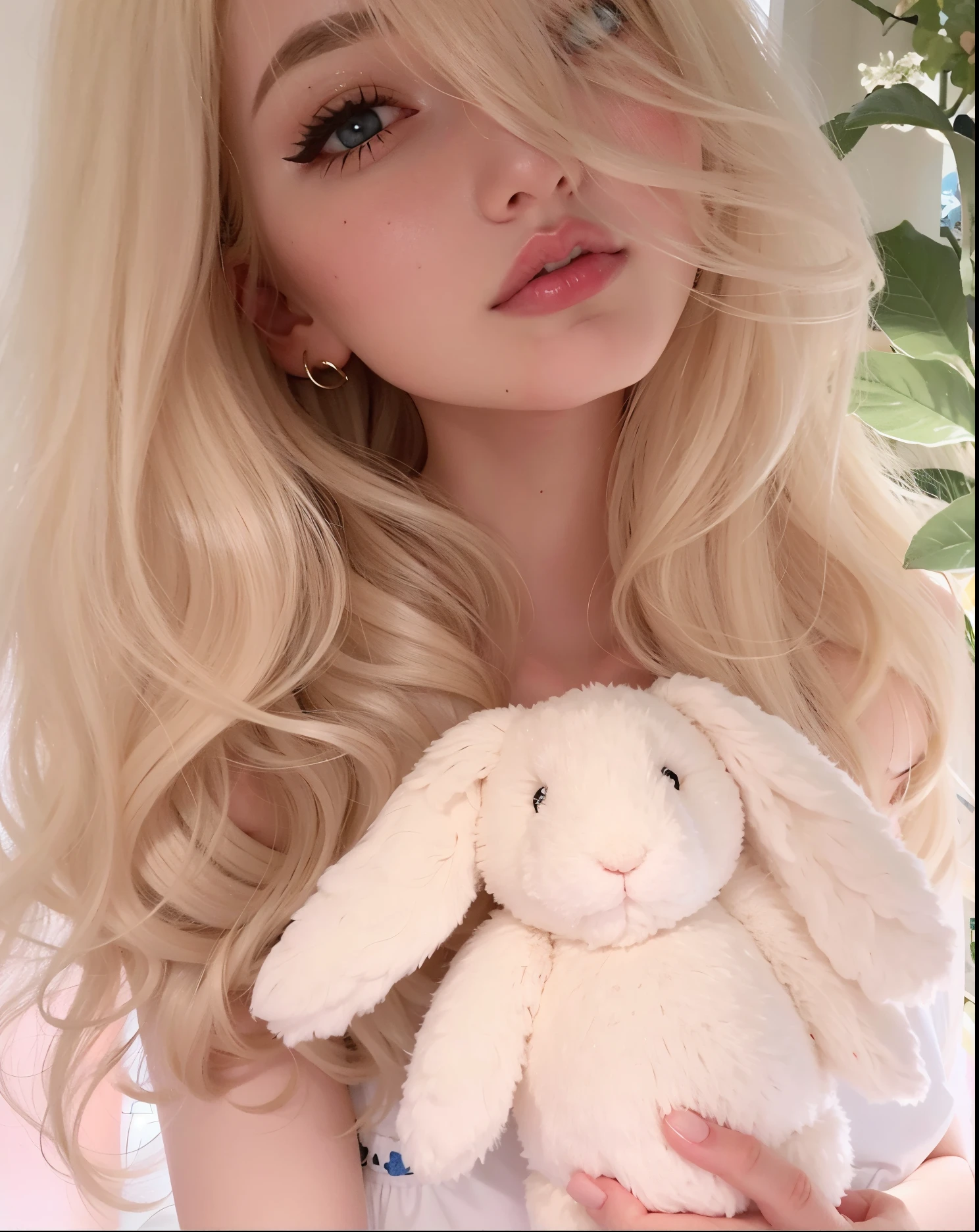 Blond haired woman holding a stuffed bunny in her hands, ava max, Retrato de Kim Petras, extremely pale blond hair, com orelhas de coelho, ultrarrealista doce coelhinho , linda Delphine, Ellie Bamber Fada, com longos cabelos loiros, longos cabelos loiros e olhos grandes, coelhinho meninaranth, menina perfe cabelos brancos, very very pale blond hair