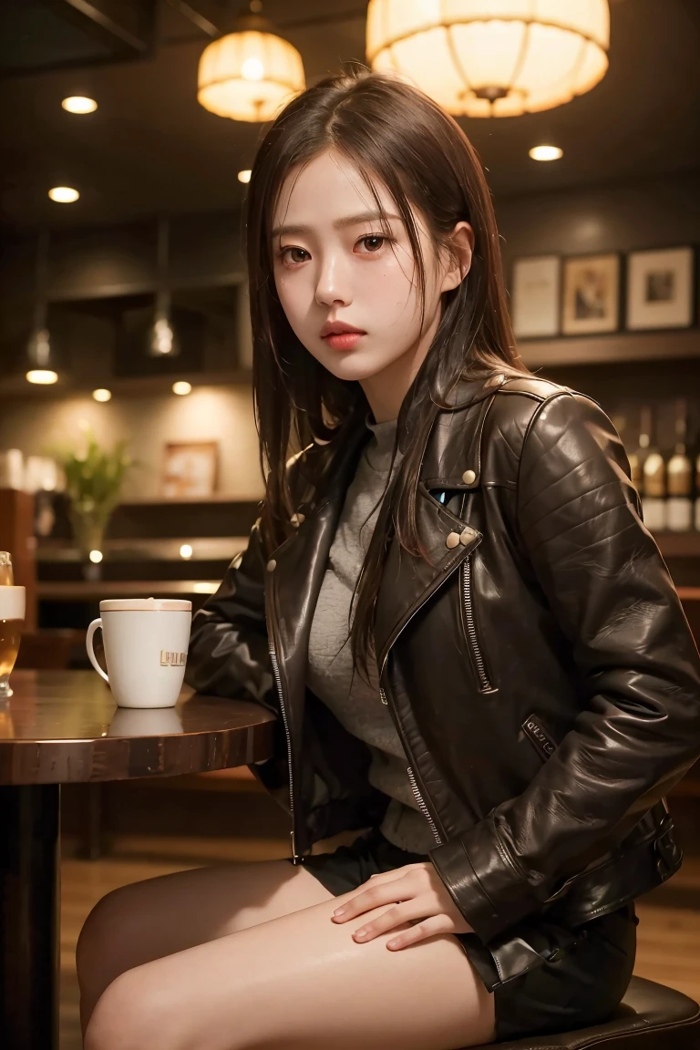 Best quality, masterpiece, ultra high res, (photorealistic:1.4), raw photo, closeup, in coffeeshop, deep shadow, dark theme, sitting down, long hair, leather jacket
