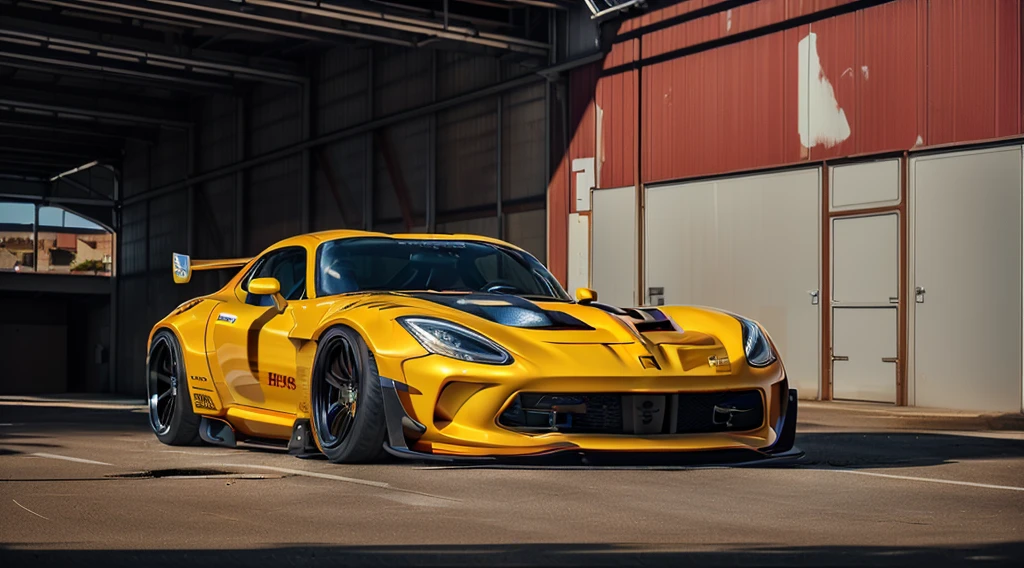 (BLUE AND YELLOW Dodge viper GTS-R Supercar) automotive concept art((pink and black paintwork)), hycode and jonsibal body styling, Forza horizon, gran Turismo, Asphalt 9: Legends, (trending on moparinsiders, hodoor and artstation), behance contest winner, CGSociety, custom design build, cinematic composition, HDR studio light, sharp details, shipping yard background, crisp, accurate, meticulous, military grade, 3ds max, corona render, sharp, focus, menacing look, large rear spoiler, high performance enhanced exhaust system, ((liberty walk body kit)); photo realistic, insanely detailed, ray tracing, subsurface scattering 8k, ((parked in an abandoned warehouse, derelict and lifeless space)), directional lighting, hazy and atmospheric, ominous, stealth built, highly detailed racing interior, hyper realism,