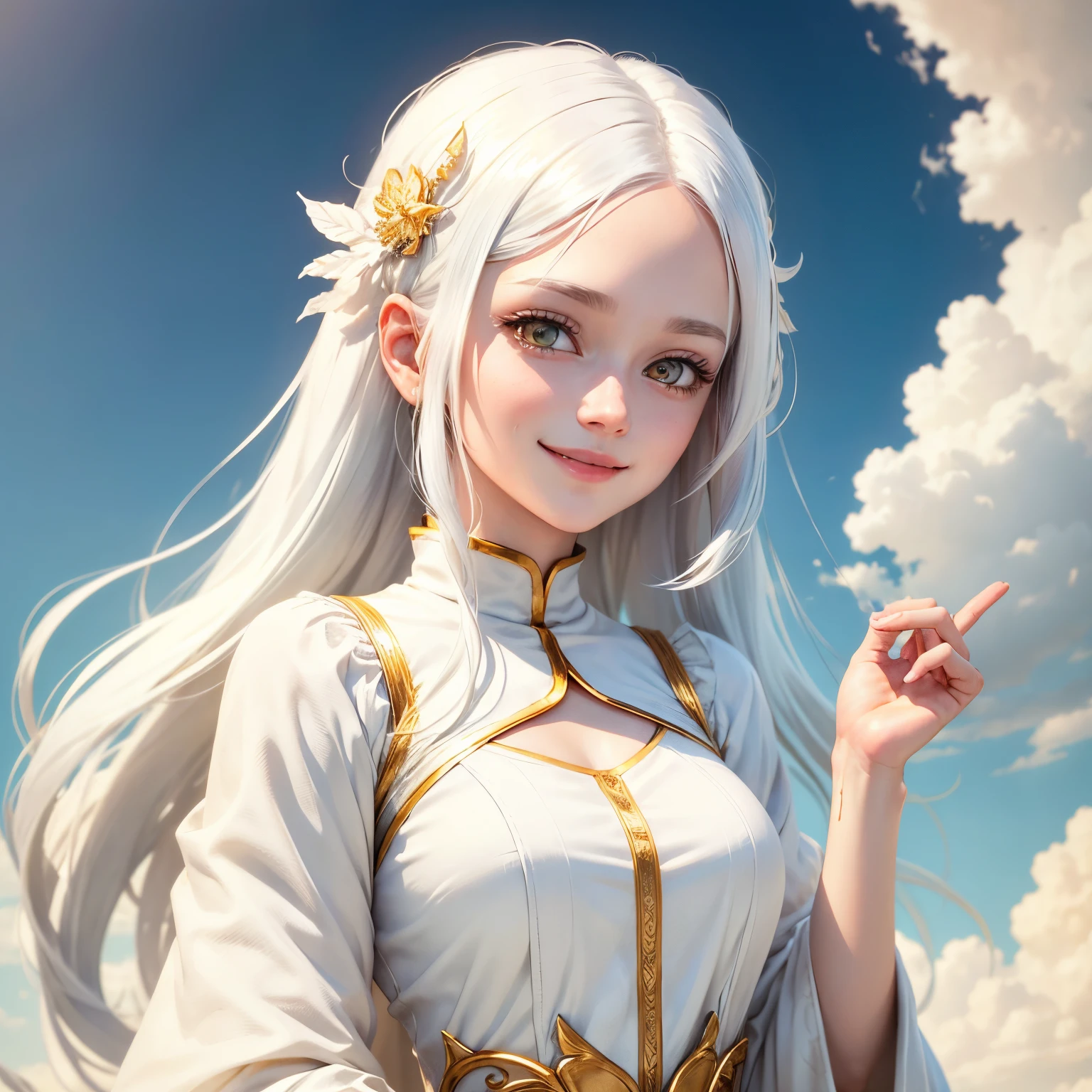 best quality, white hair, gold eyes, white clothes, looking up, upper body, hair strand, Fair skin, smiling, she is holding up her index finger