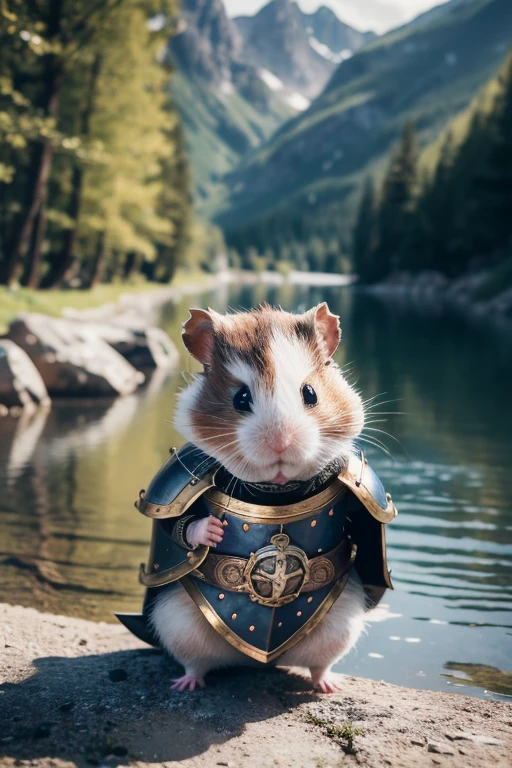 (best quality,4k,8k,highres,masterpiece:1.2,ultra-detailed,realistic,photorealistic:1.37, RAW photo, Nikon, portrait a little hamster with armor and sword), side a river inside a mountains for background, blurry background, bokeh, macro photo, UHD, 16k, best quality, super detail, retina, medieval clothing