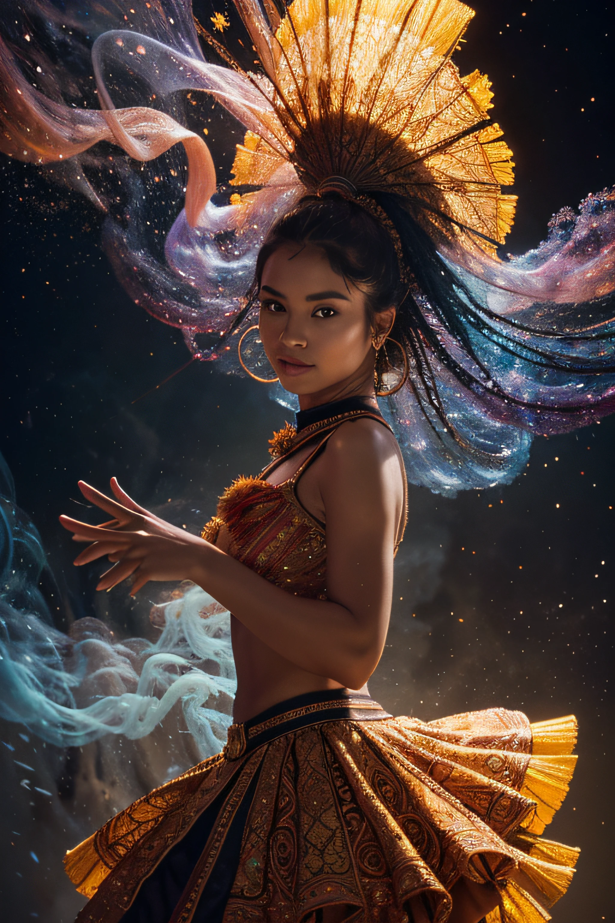 body, detailed skin with visible pores, intricate colorful outfit, garments flowing with the motion, weaving an intricate pattern, ((dancing in a nebula of thick colored smoke)), poetry in motion, insane intricate detail, award winning art, slow shutter speeds, dynamic photography, 1/50, suspended movement, motion blur, raytracing, sharp focus, 8k, hdr, masterpiece, photography, dslr, kodachrome, 35mm photograph, analog film, professional, highly detailed