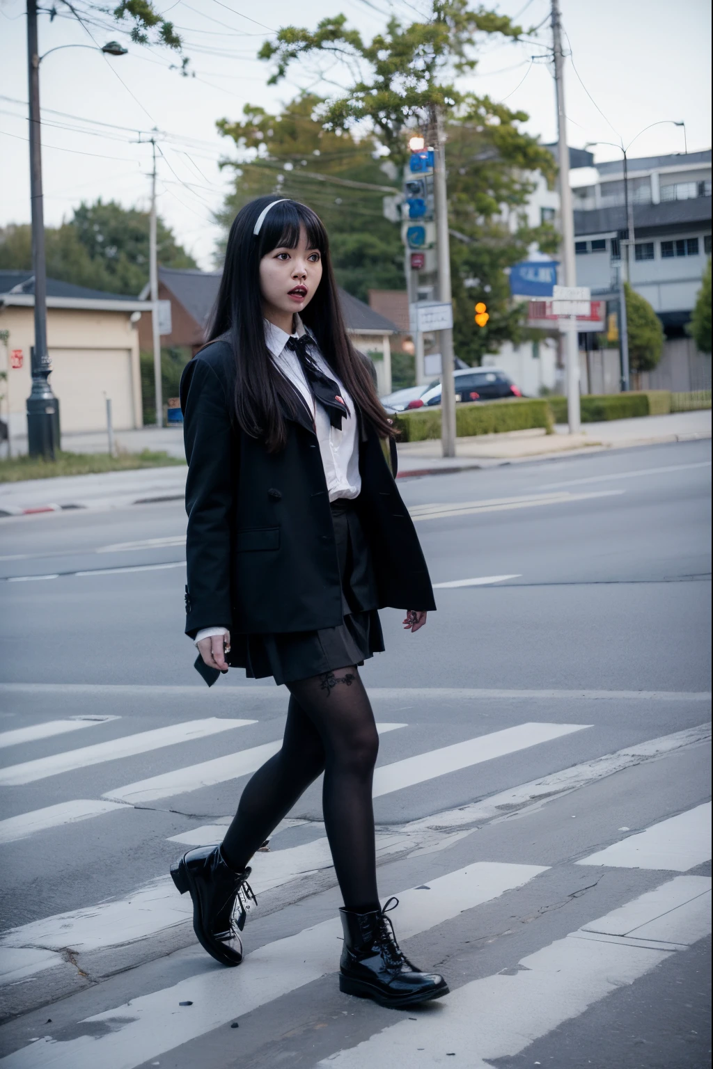 (Best quality, 8k, 32k, Masterpiece, UHD:1.2) "Generate a nightmarish and haunting art piece inspired by Junji Ito's 'Tomie,' featuring the horror character with all of her hair flowing upward in a supernatural and unsettling manner. Depict her with a terrifying, zombie-like face and bloodstains on her school uniform, creating a chilling atmosphere. Utilize dynamic lighting to intensify the horror, casting eerie shadows and highlights that enhance the macabre details of the scene. Emphasize the grotesque and nightmarish elements to capture the terrifying essence of Junji Ito's horror aesthetic." the lake reflection is Evil, Monstrous, other-wordily, cursed, scary, horror, two faces