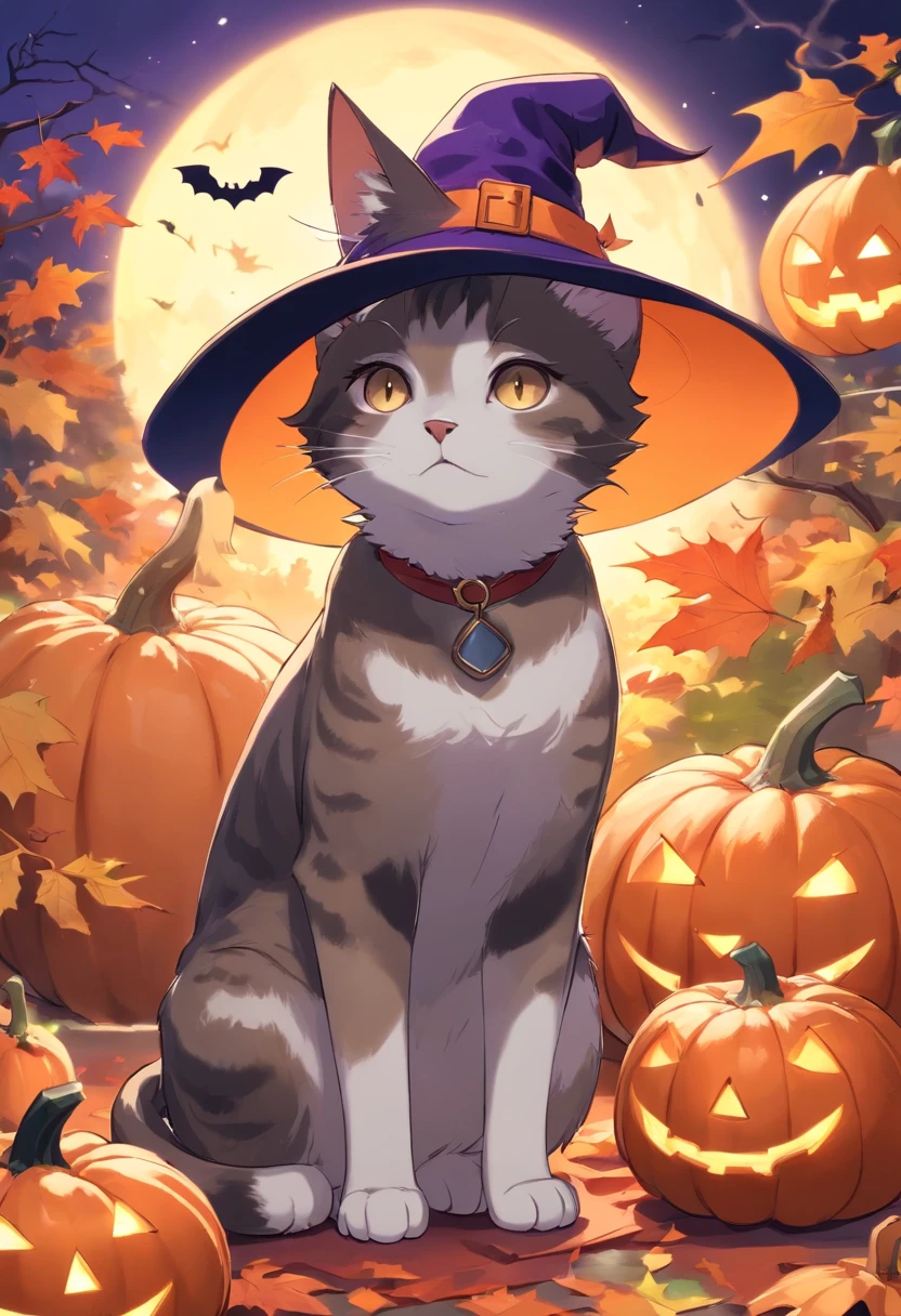 English shorthair cat wearing a witch&#39;s hat, the tail is short, pumpkins, Halloween, the bats、vibrant greenery