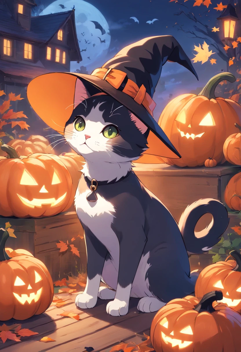 English shorthair cat wearing a witch's hat, the tail is short, pumpkins, Halloween, the bats、vibrant greenery