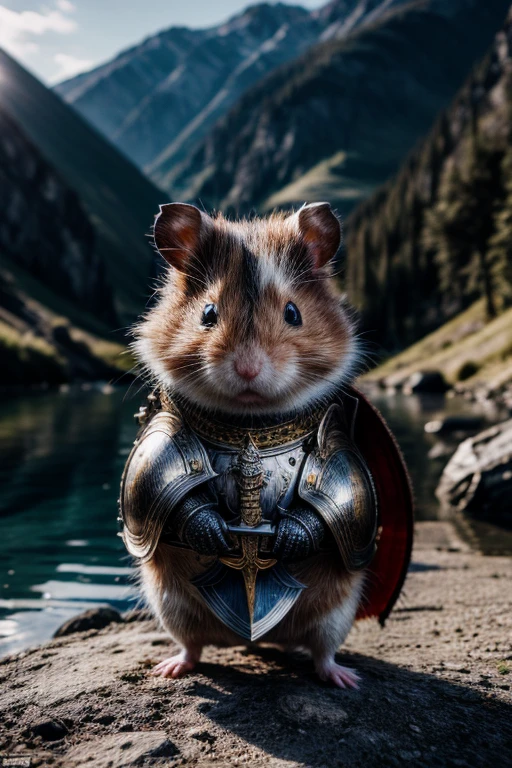 (best quality,4k,8k,highres,masterpiece:1.2,ultra-detailed,realistic,photorealistic:1.37, RAW photo, Nikon, portrait a little hamster with armor and sword, dark souls style, no human), solo:1.6, chibi, inside a dungeon with mosters, blurry background, bokeh, UHD, 16k, best quality, super detail, retina,